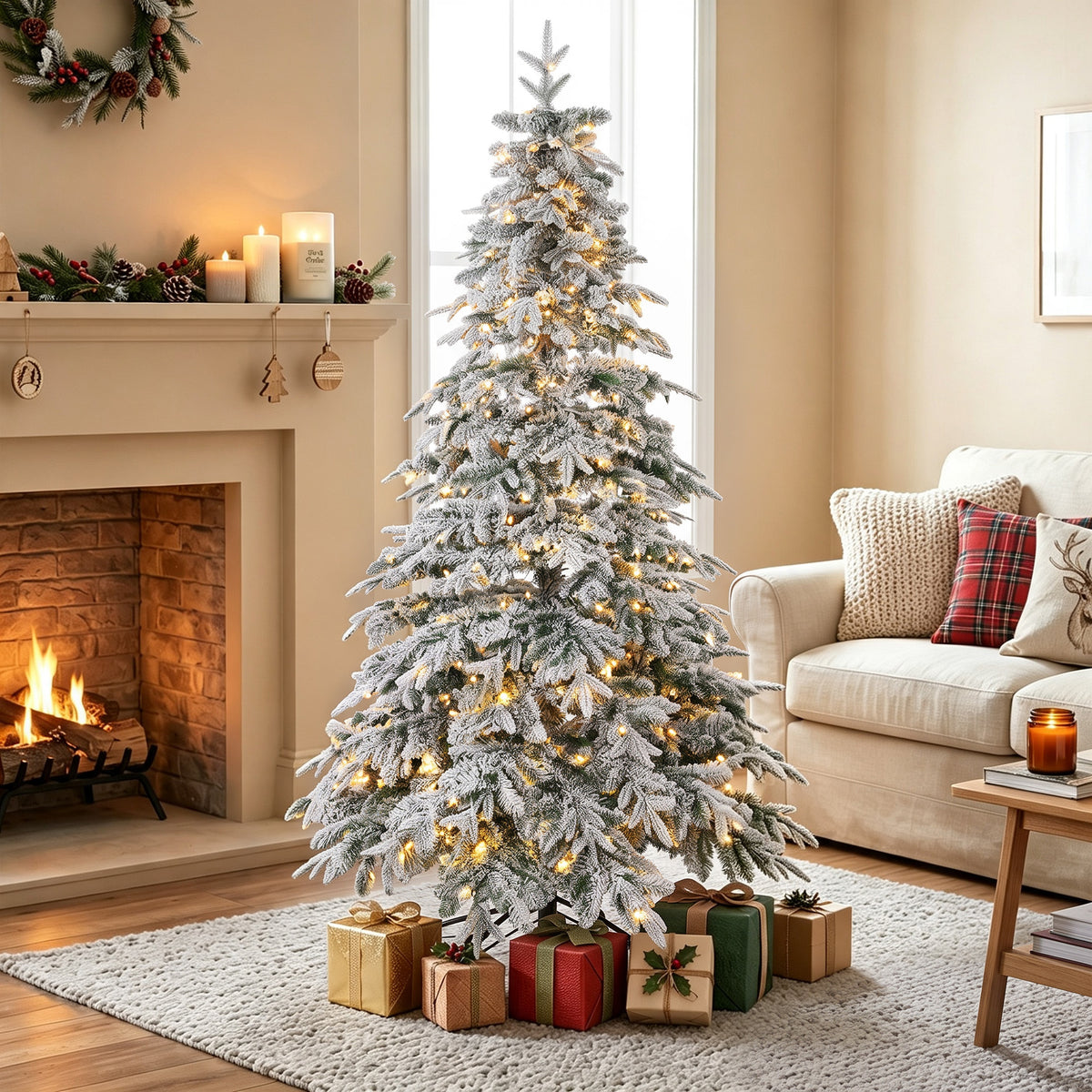 6ft Prelit Flocked Christmas Tree, Artificial Downswept Hinged Xmas Tree with 350 Warm White LED Lights, 8 Modes, Daily Timer, 740 Tips, Remote, Steel Stand, Green White