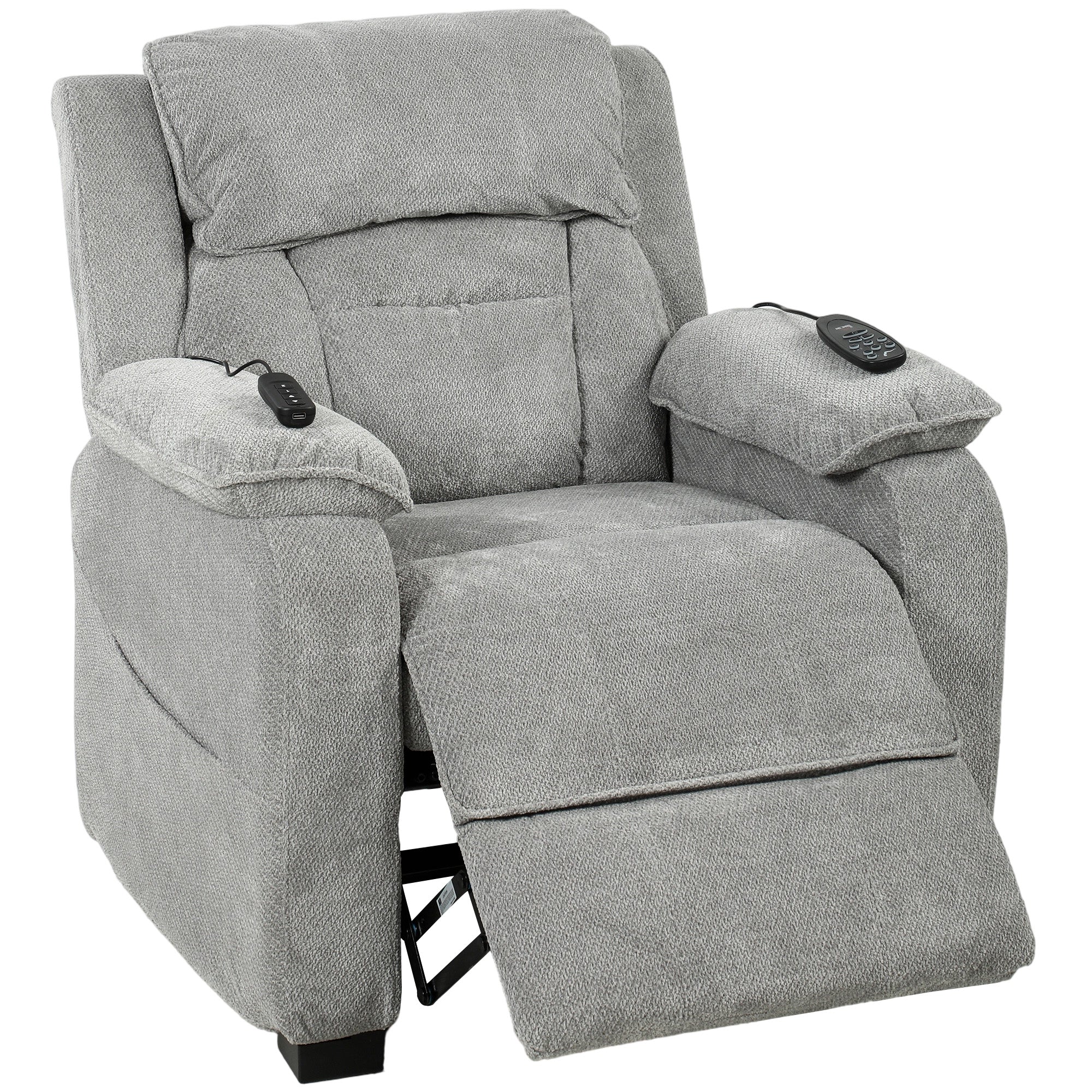 Power Recliner Armchair with Massage and Heat, Velvet-Feel Fabric Quiet Electric Reclining Chair with Wide Spring Seat, Memory Function, High Back, Headrest, USB Port, Side Pockets, Light Grey