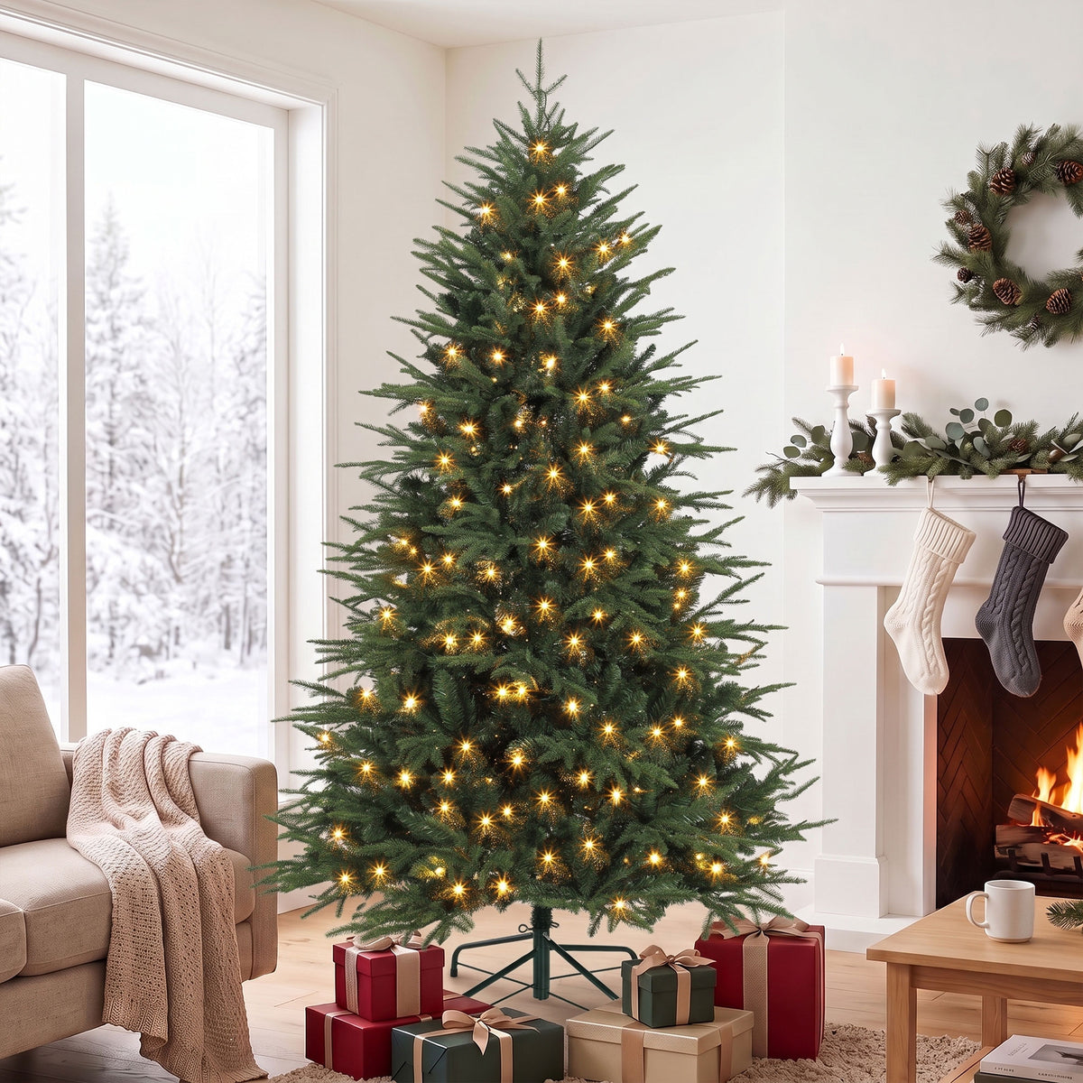6ft Prelit Christmas Tree, Wide Spruce, Artificial Hinged Xmas Tree with 300 Warm White LED Lights, 2345 Tips, Foldable Metal Stand for Holiday, Green