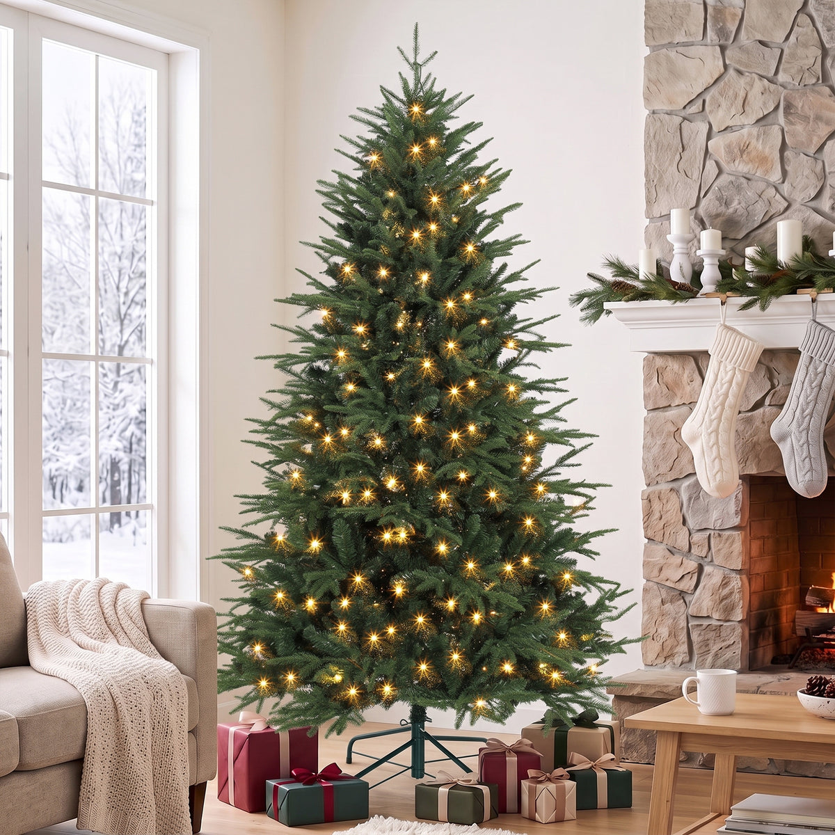6ft Prelit Christmas Tree, Wide Spruce, Artificial Hinged Xmas Tree with 300 Warm White LED Lights, 2345 Tips, Foldable Metal Stand for Holiday, Green