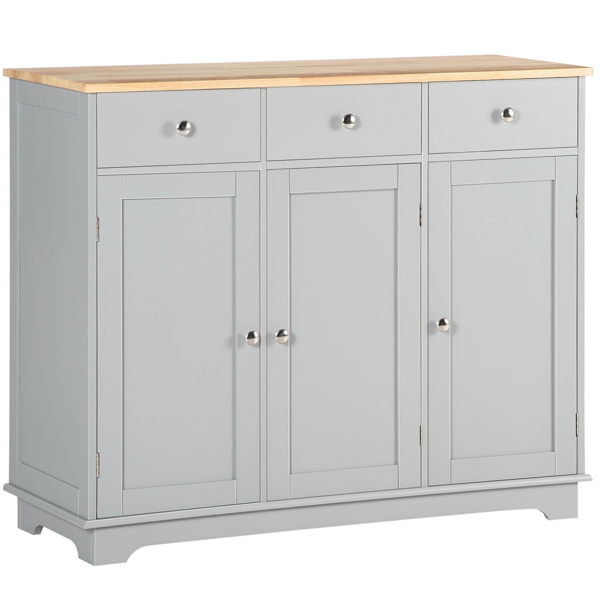 Kitchen Storage Cabinet, Sideboard Floor Cupboard with Solid Wood Top, Adjustable Shelf, and 3 Drawers, Gray