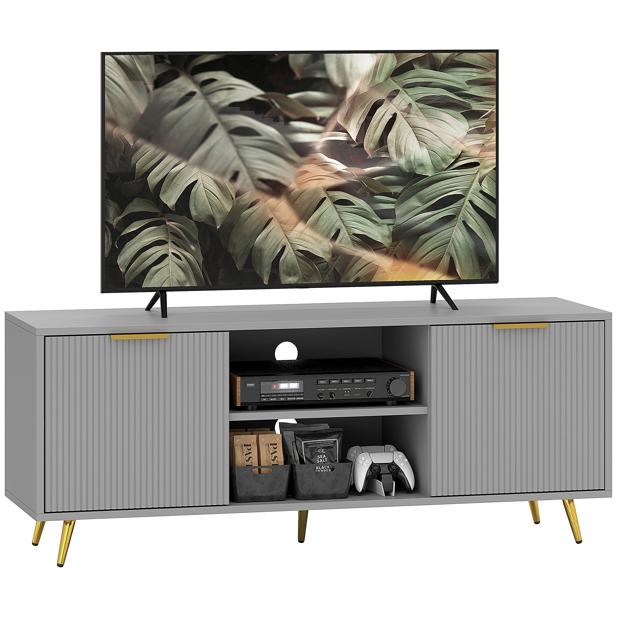 HOMCOM TV Stand with Storage for 55 Inch TV, Modern TV Table with 2 Open Shelves and 2 Cabinets, TV Console for Living Room, Grey