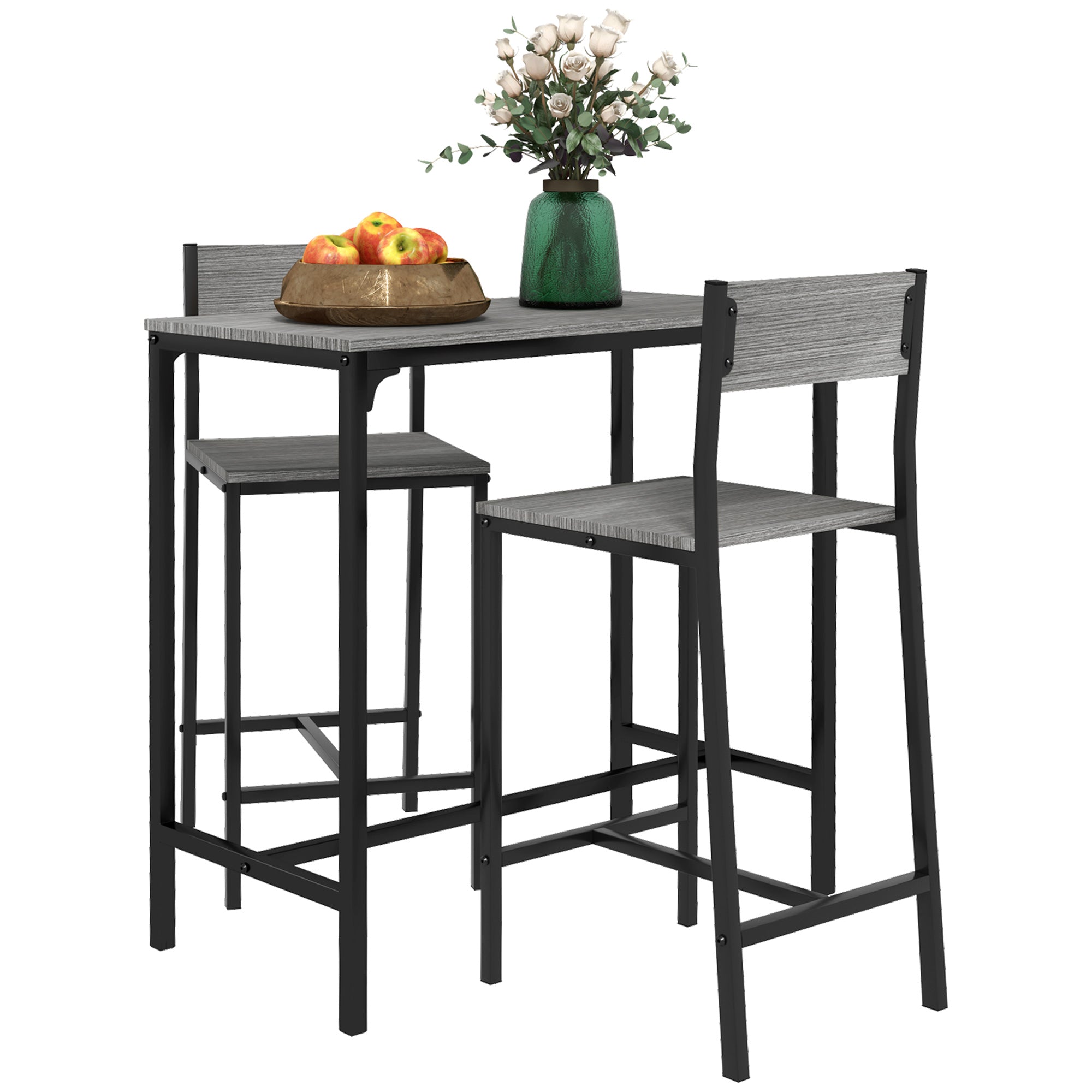 3 Piece Bar Table and Chairs, Industrial Dining Table Set for 2, Counter Height Kitchen Table Gray