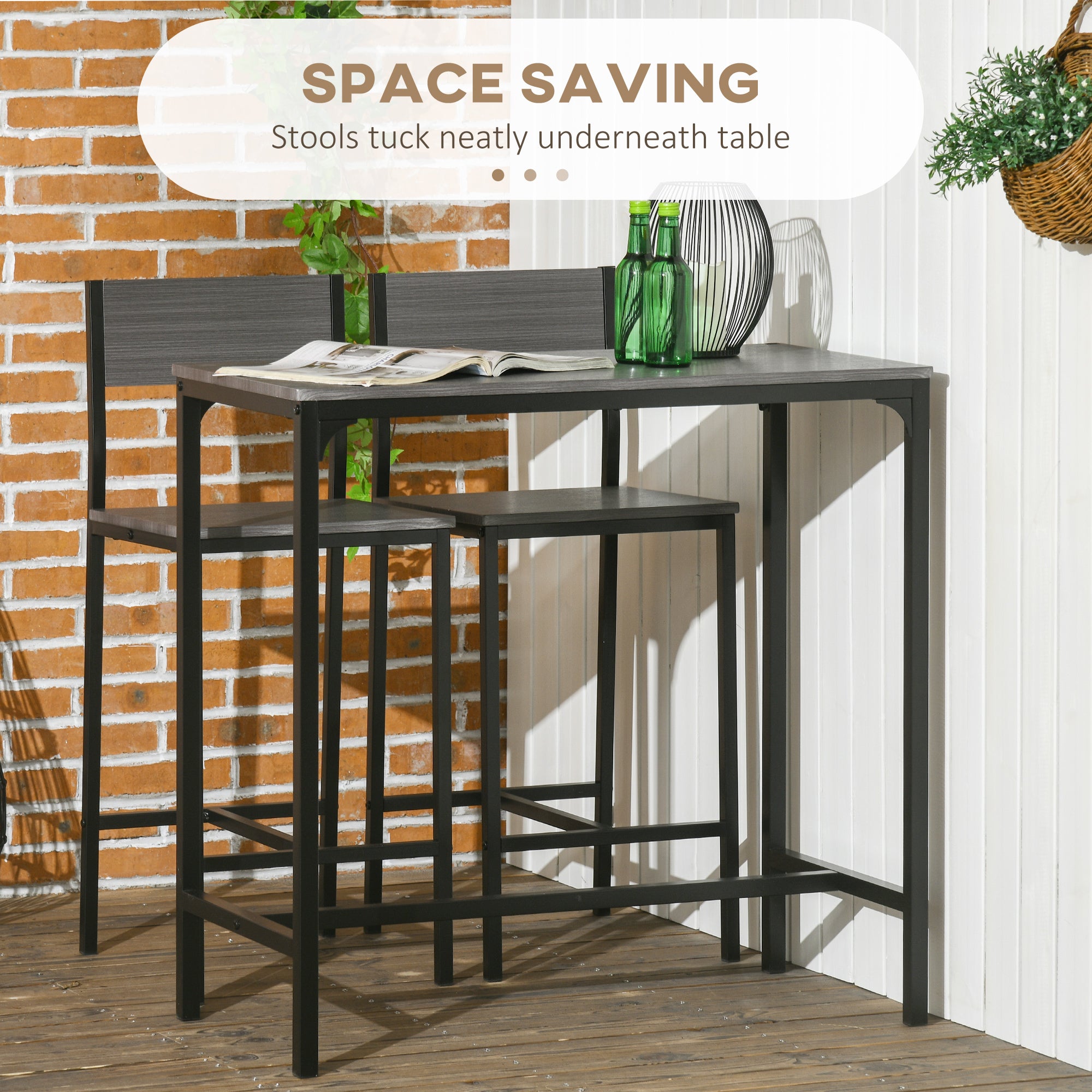 3 Piece Bar Table and Chairs, Industrial Dining Table Set for 2, Counter Height Kitchen Table Gray