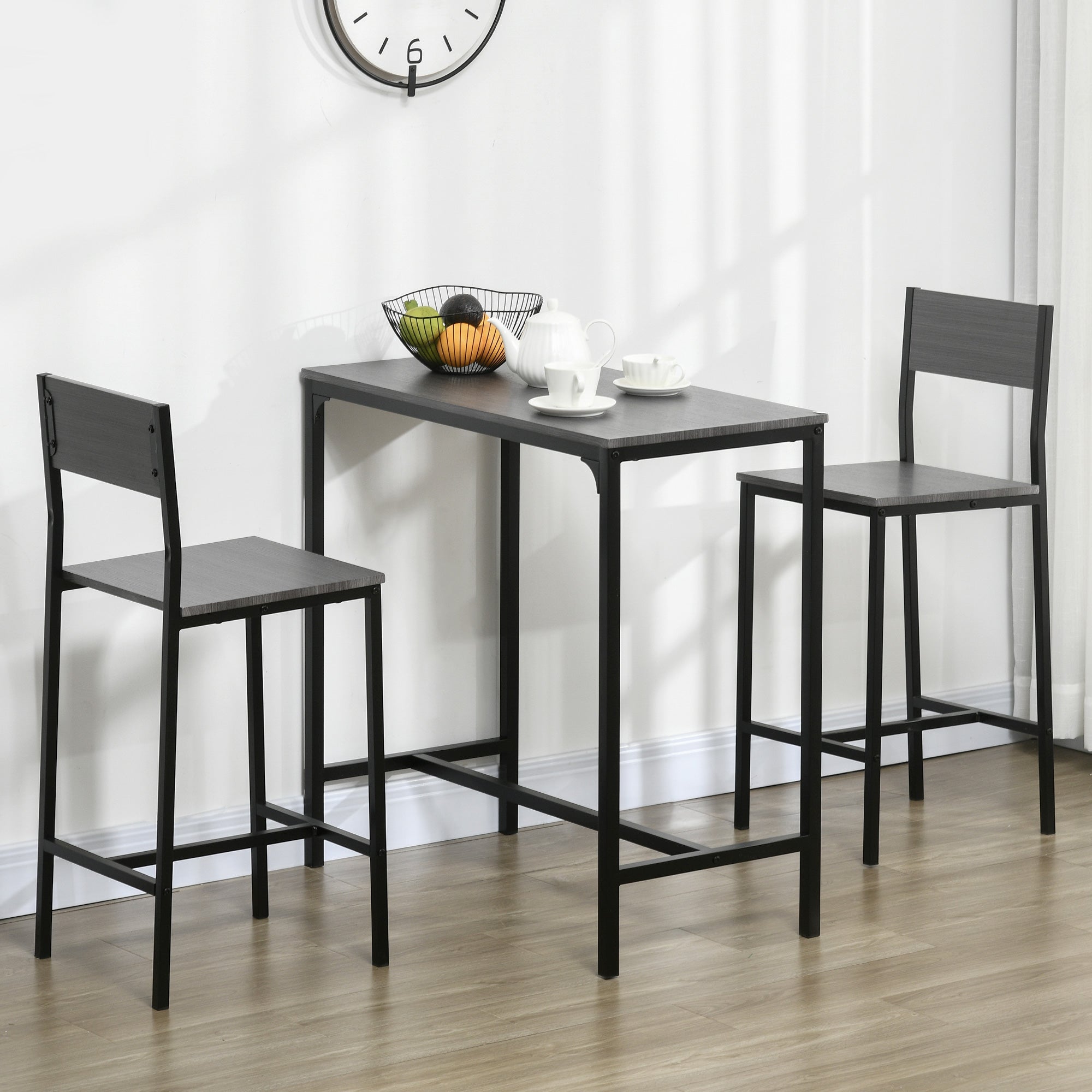 3 Piece Bar Table and Chairs, Industrial Dining Table Set for 2, Counter Height Kitchen Table Gray