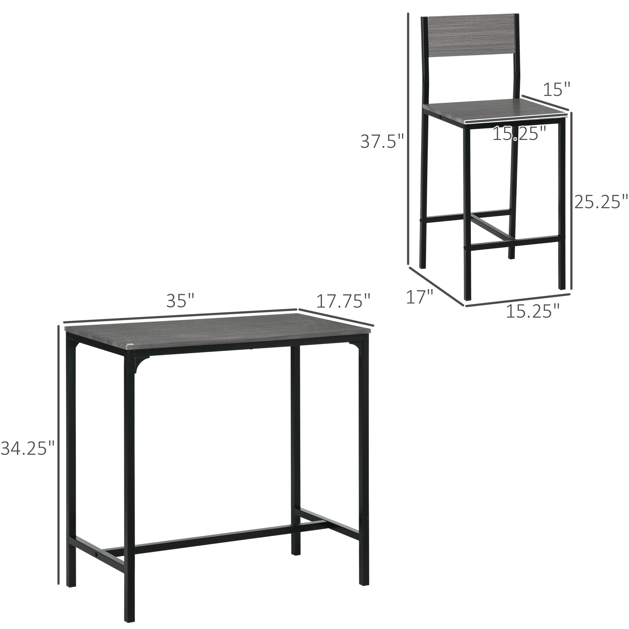 3 Piece Bar Table and Chairs, Industrial Dining Table Set for 2, Counter Height Kitchen Table Gray