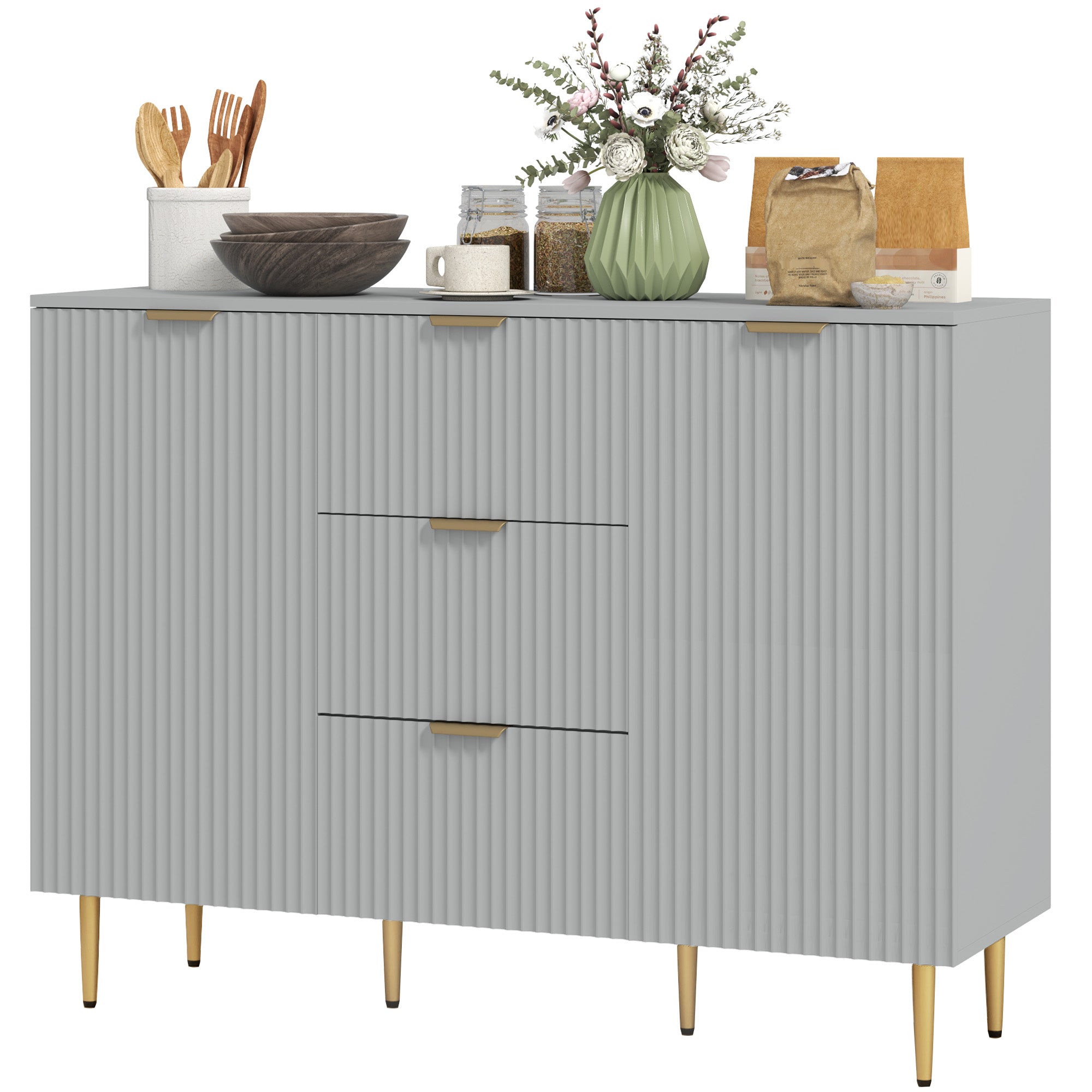 HOMCOM Sideboard Buffet Cabinet, Modern Kitchen Storage Cabinet with 3 Drawers and Adjustable Shelves, Pantry Cabinet with Metal Legs for Kitchen Hallway, Grey