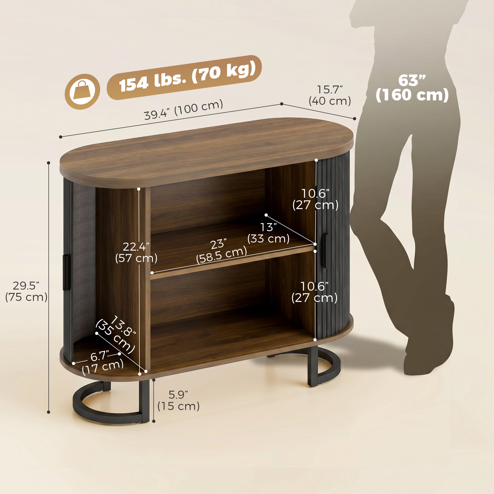 Sideboard Buffet Cabinet with Curved Tambour Doors and Thick Tabletop, 39.4" Coffee Bar Cabinet with Arc Metal Legs, Coffee Bar Station, Brown Wood Grain and Black