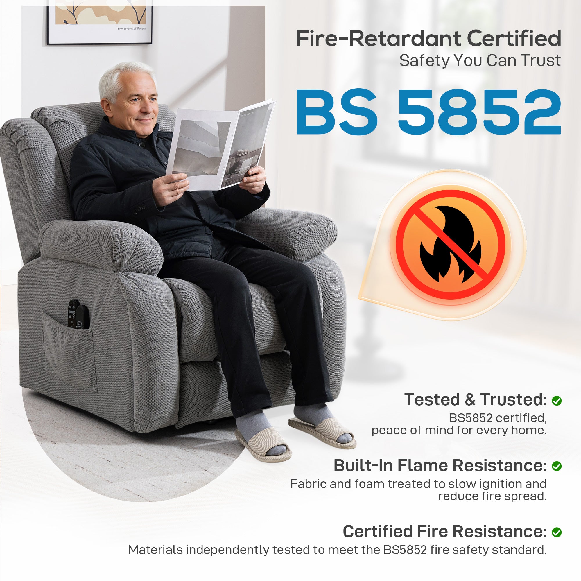 Recliner Armchair Lift Chair with Vibration Massage and Heat, Velvet-feel Fabric Electric Riser Recliner Chair for Elderly with Wide Seat, USB Port, Side Pockets for Living Room, Light Grey