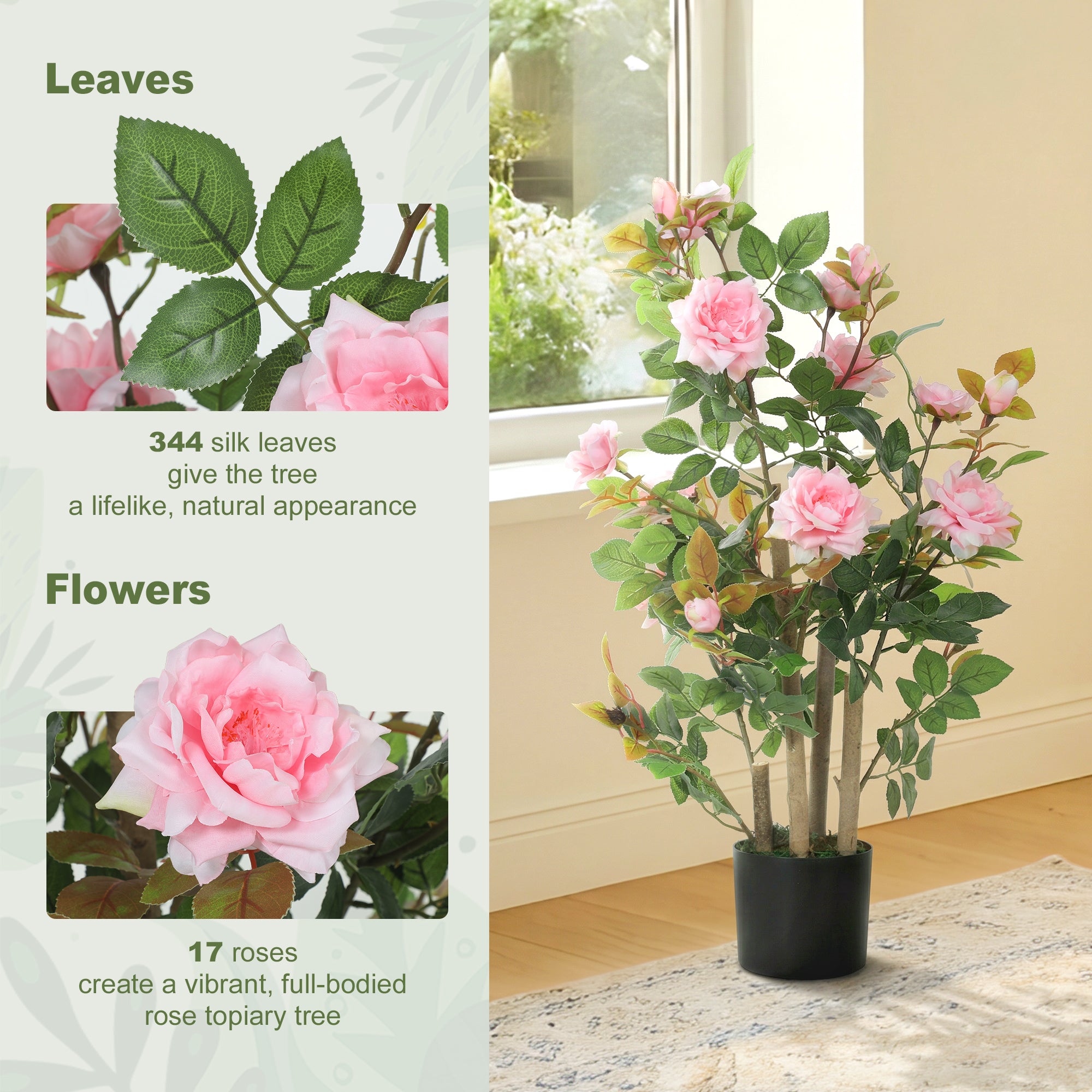 90cm Artificial Rose Tree Set of 2, Decorative Fake Plant with 344 Silk Leaves and 17 Flowers, UV-Resistant Faux Tree for Outdoor Indoor Garden Porch Decor, Pink