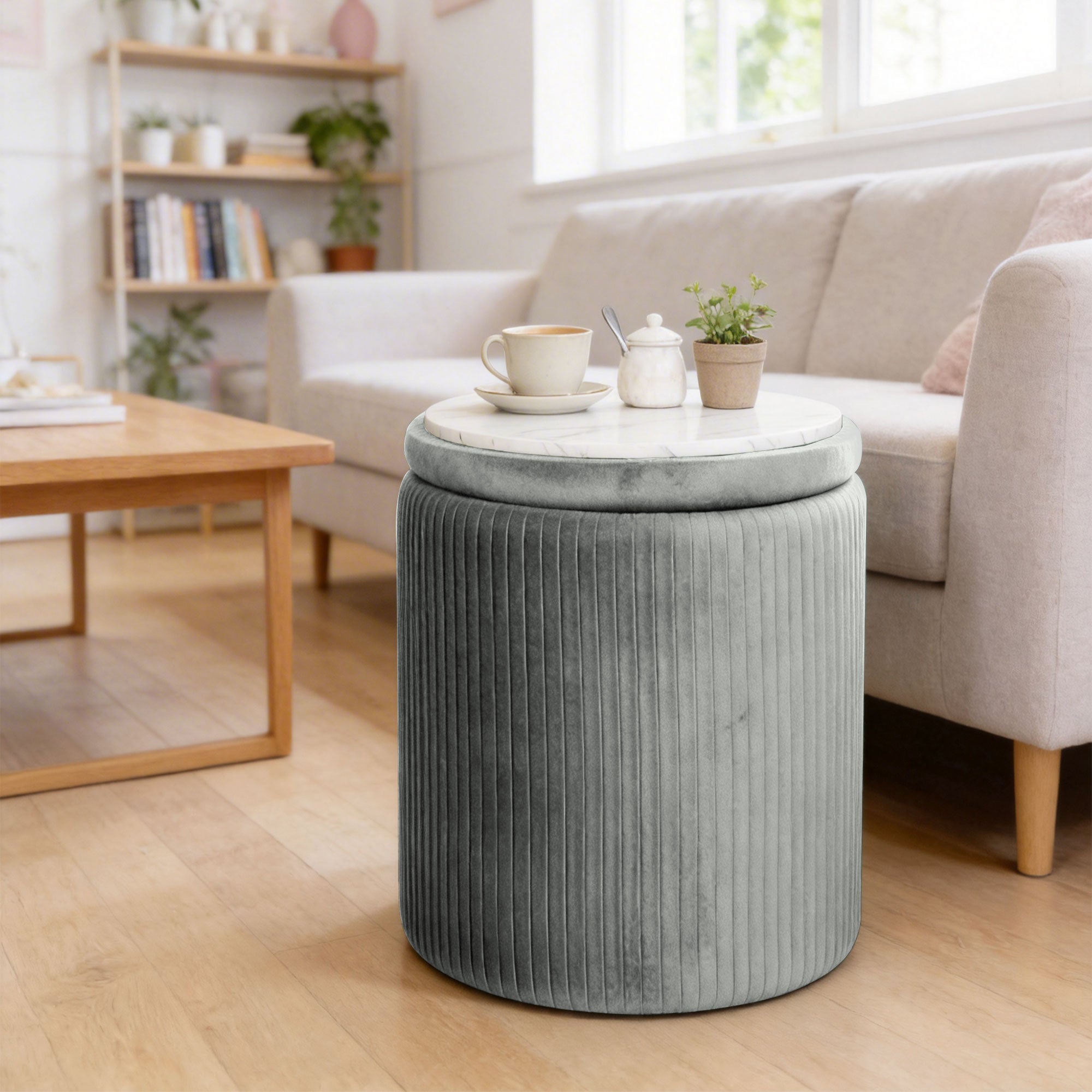 Round Storage Ottoman, Velvet-feel Fabric Upholstered Foot Stool with Removable Top, Padded Seat and Hidden Space for Living Room, Bedroom, Grey