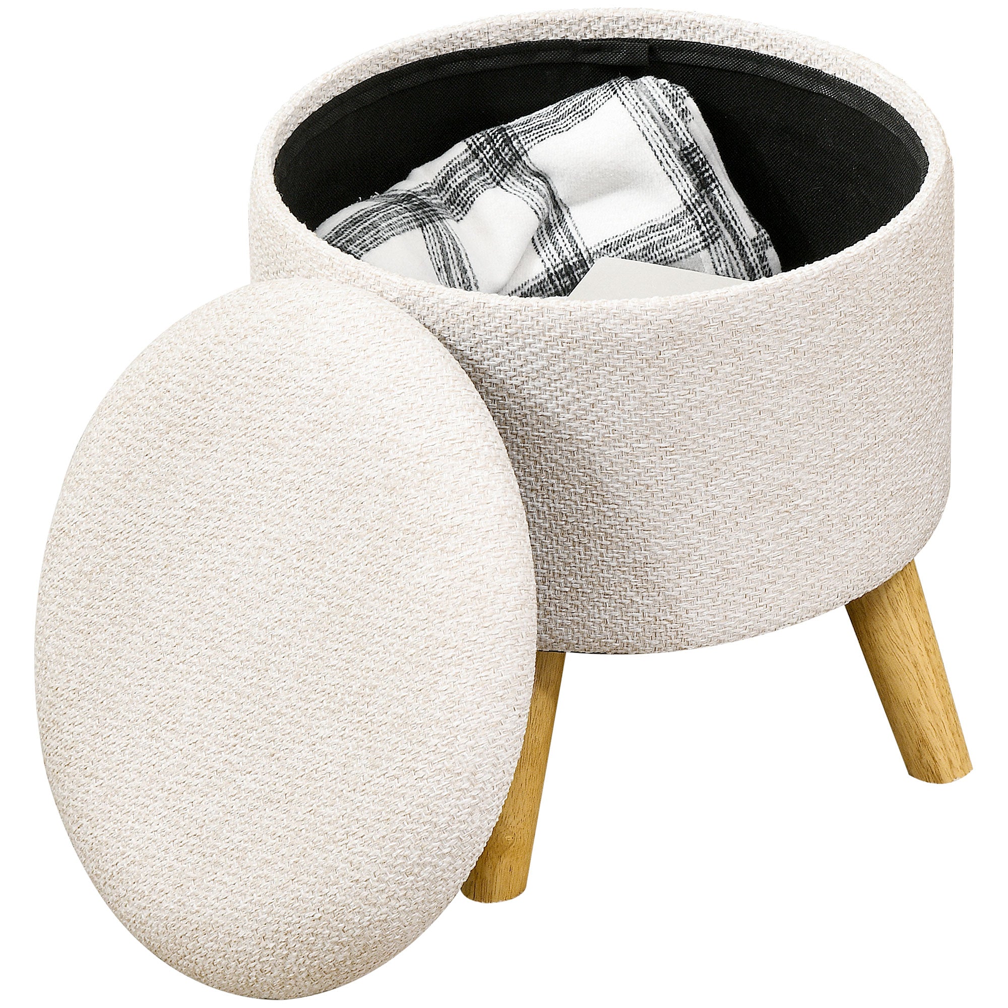 Round Ottoman Stool with Storage, Linen Fabric Upholstered Foot Stool with Padded Seat, Hidden Space and Wood Legs, White