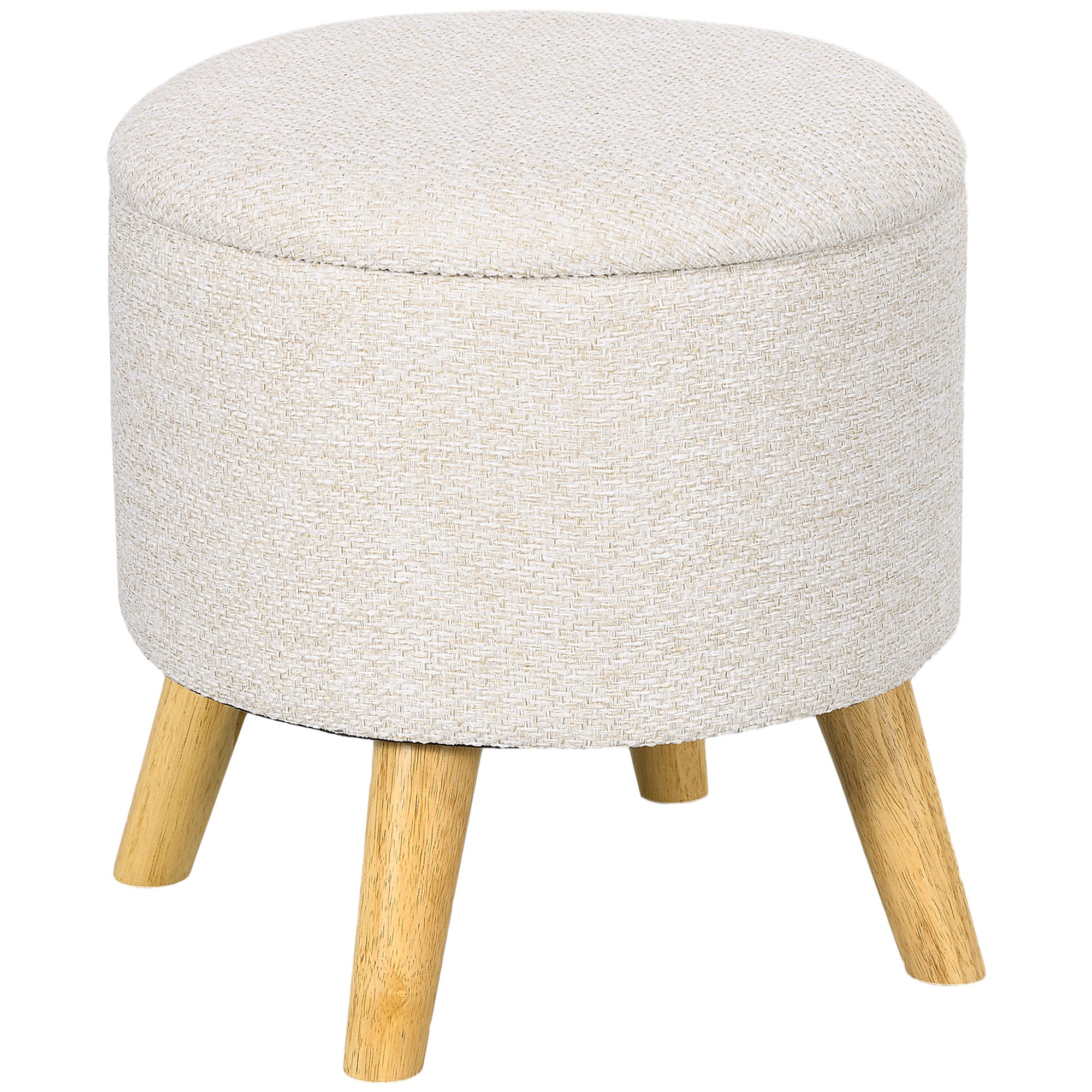 Round Ottoman Stool with Storage, Linen Fabric Upholstered Foot Stool with Padded Seat, Hidden Space and Wood Legs, White