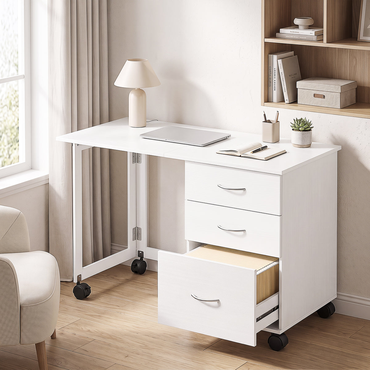 Foldable Computer Desk with 3 Drawers, Mobile Home Office Computer Table with 4 Lockable Wheels, Hanging Bars, Space Saving for Study, Home Office, White Wood Grain