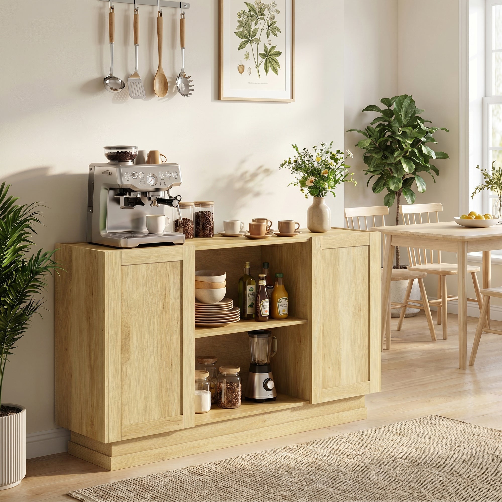 Sideboard Buffet Cabinet, 133 cm Modern Farmhouse Storage Cabinet with 2 Open Shelves, 2 Cupboards and Soft Close Doors for Dining Room, Living Room, Natural Wood Finish