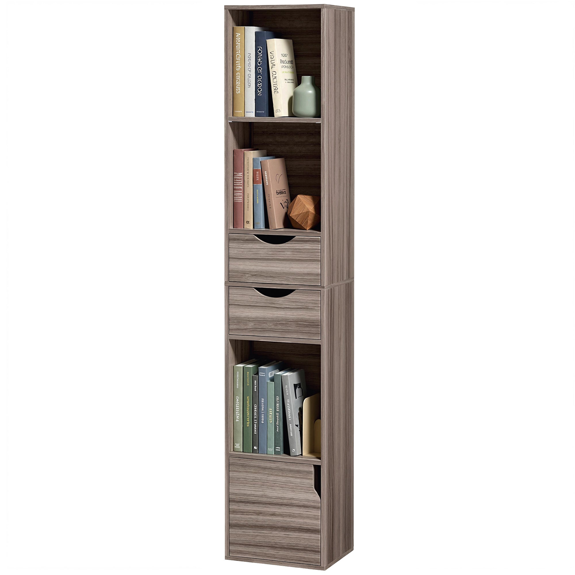 158 cm Bookcase with Drawers, 3-Tier Bookshelf, Slim Storage Cabinet with Doors, Adjustable Shelf for Living Room, Bedroom, Home Office, Grey