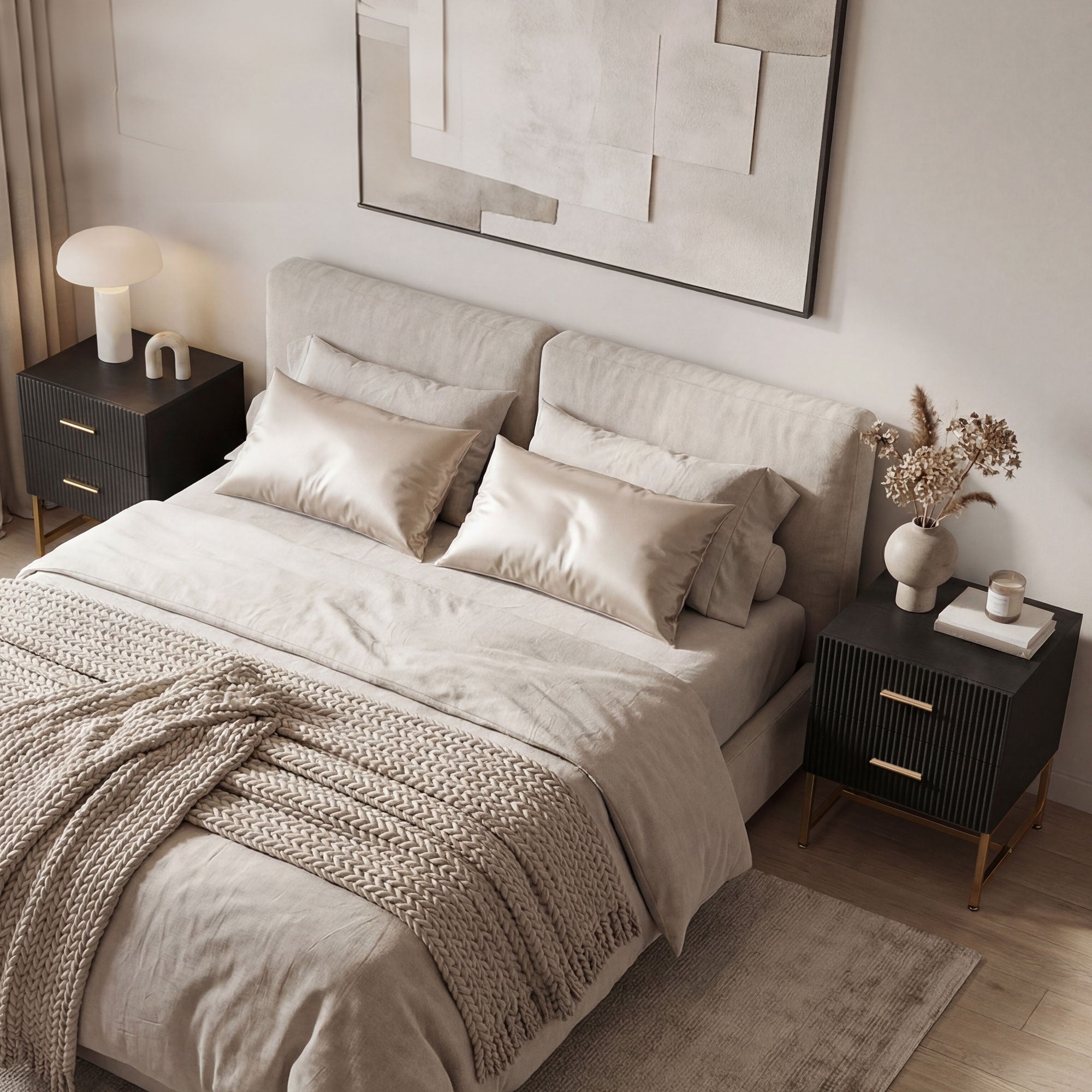 Modern Nightstands Set of 2, Bedside Tables with 2 Drawers and Fluted Panels, End Tables with Storage and Gold Legs for Bedroom, Black