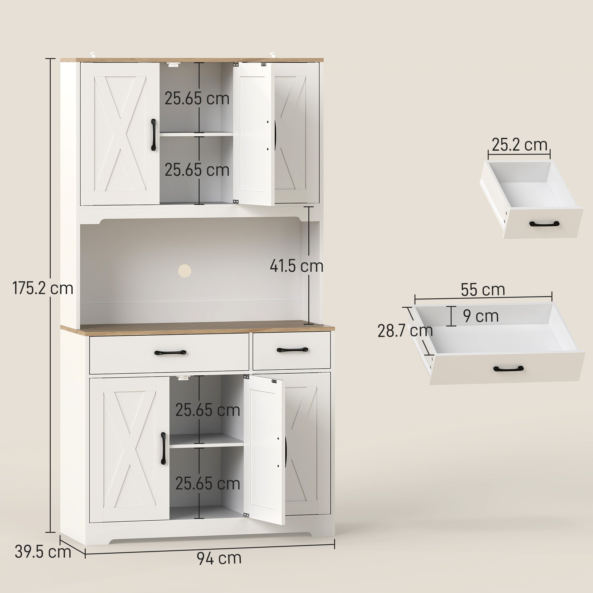 175 cm Tall Kitchen Pantry Cabinet with Microwave Stand, Farmhouse Kitchen Hutch, Freestanding Pantry Cupboard with 2 Drawers, 2 Adjustable Shelves and Cable Management, White