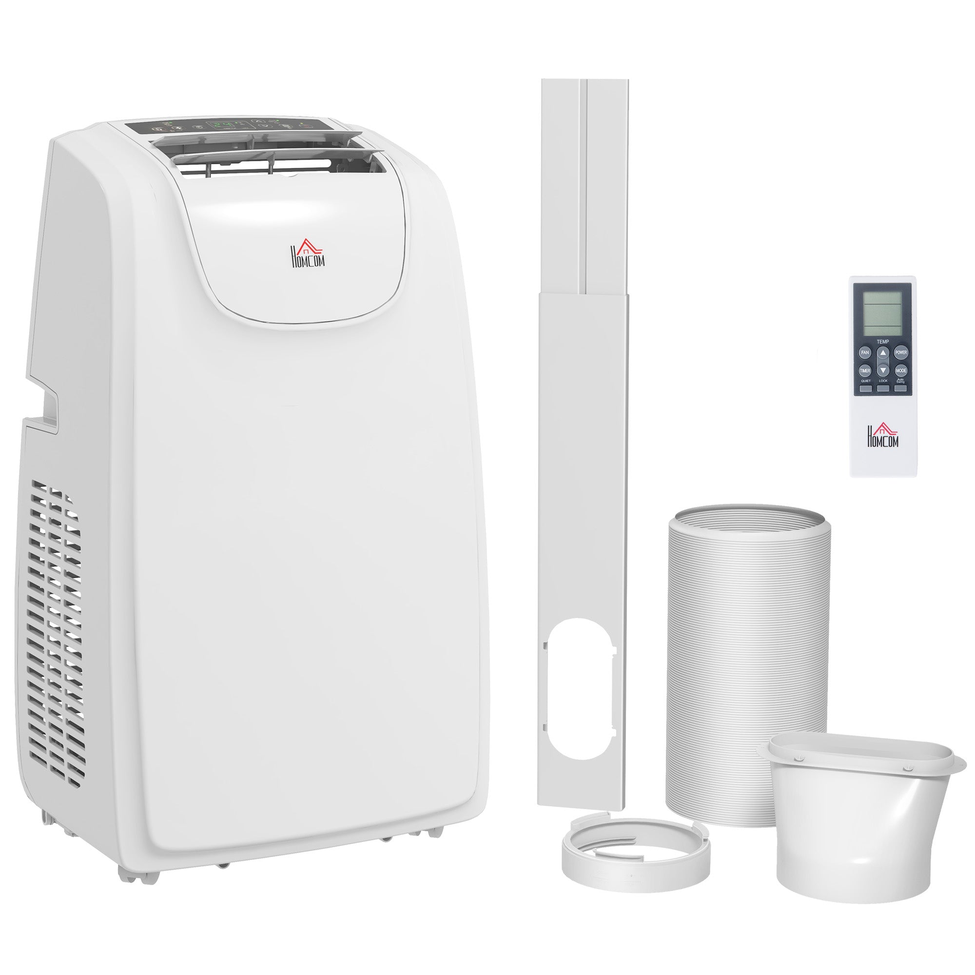 HOMCOM 12,000 BTU Portable Air Conditioner, 4-in-1 Dehumidifier Cooling Fan with Quiet Mode, Remote, LED Display, 24H Timer, Wheels, 28m², Window Venting Kit, Child Lock, White