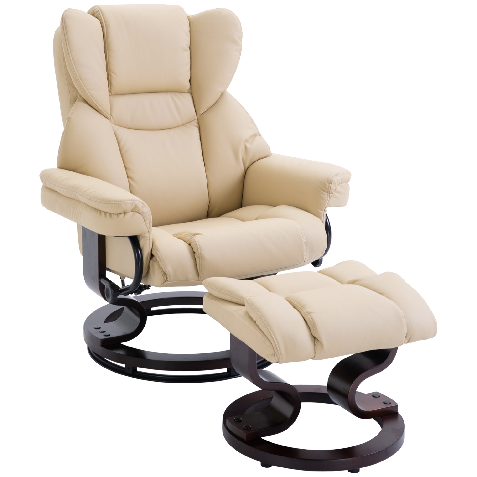 HOMCOM Faux Leather Recliner Chair and Footstool, Swivel Upholstered Armchair and Footstool with Adjustable Backrest, Solid Wood Base for Living Room, Cream