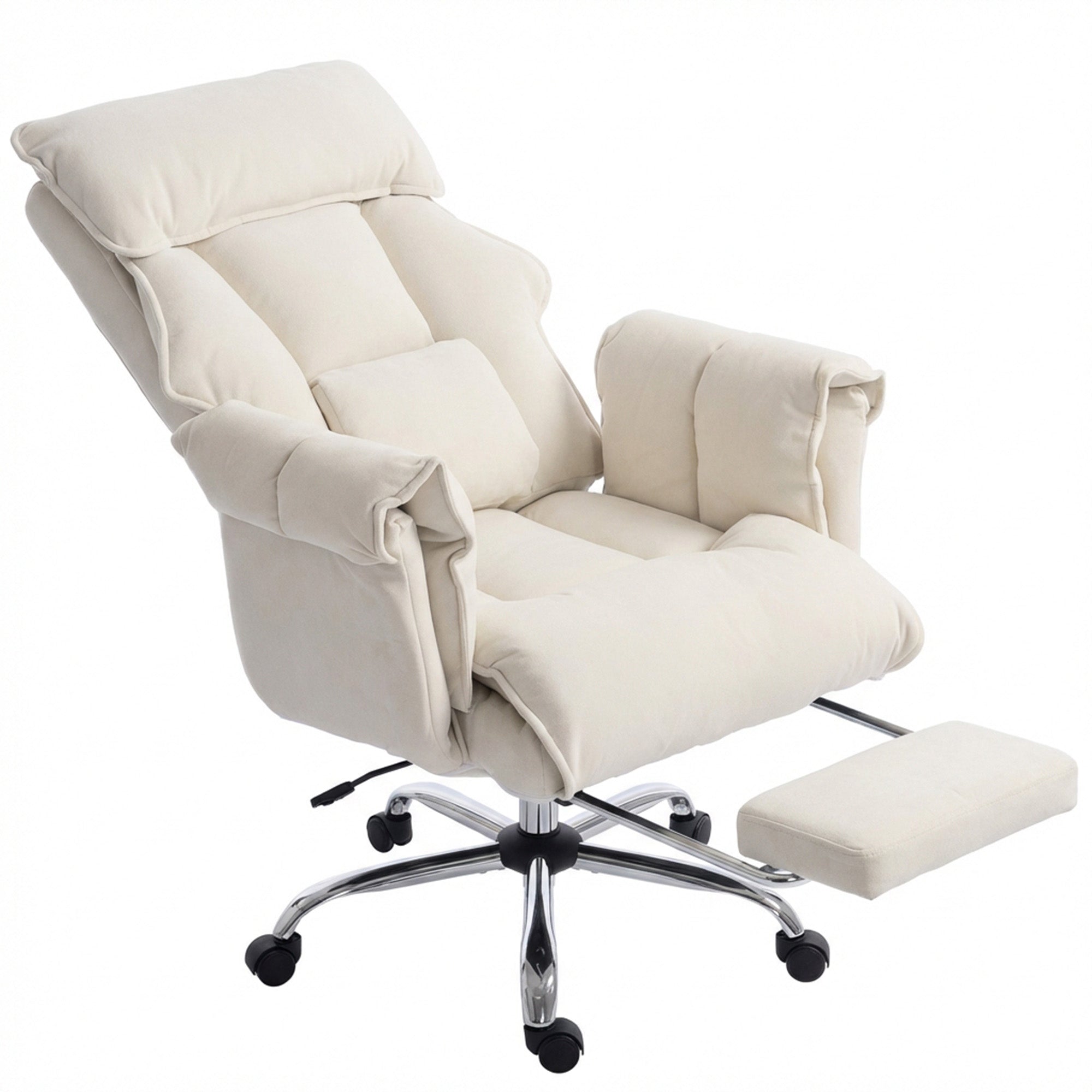 Executive Office Chair with Footrest, Reclining Swivel Computer Desk Chair with High Back, Double-layer Padding, Headrest, Adjustable Height, Rolling Wheels, Cream White