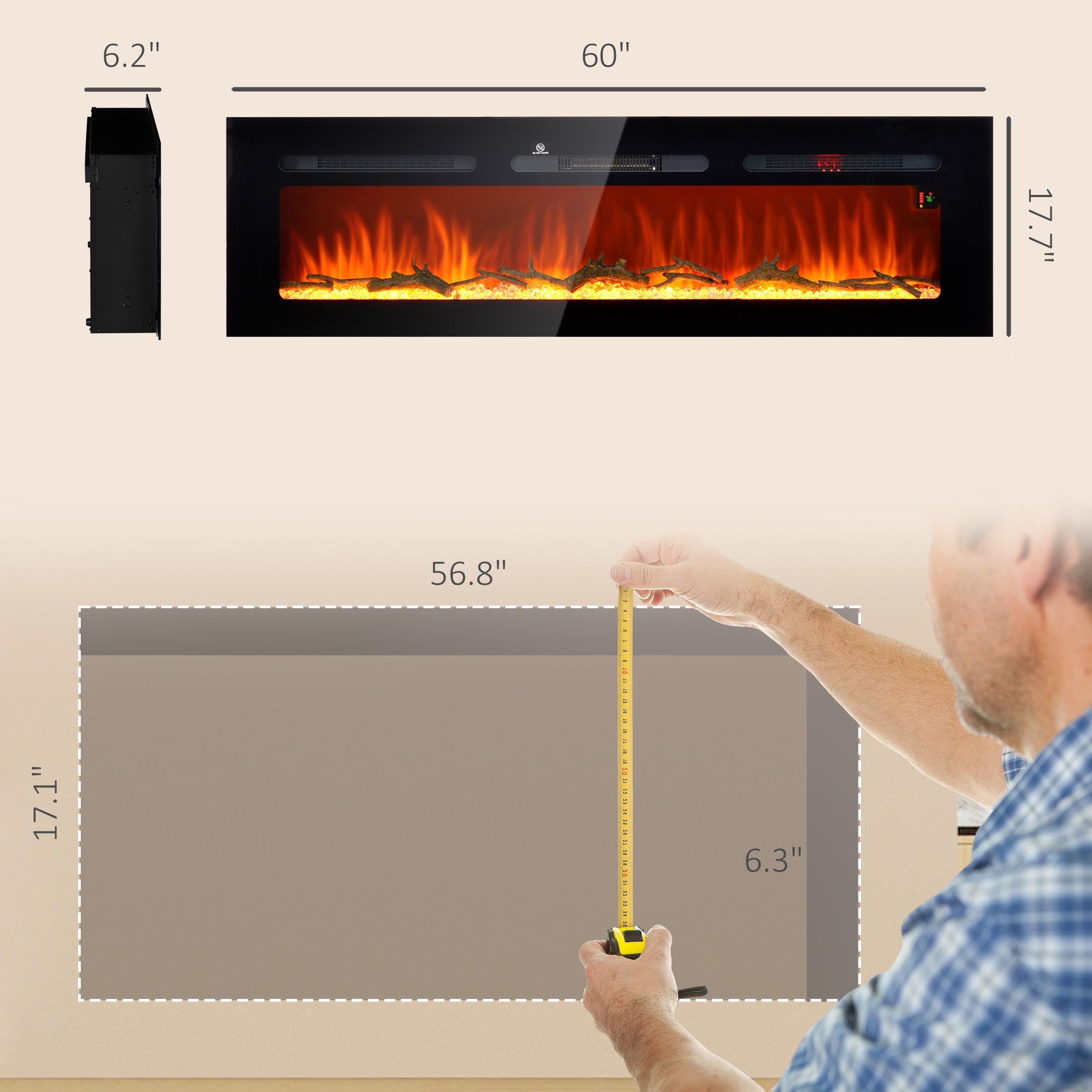 60" Fireplace Heater Electric Insert, Ultra-Thin Lightweight LED Fireplace Heater w/ Adjustable Flame Color & Brightness, Black