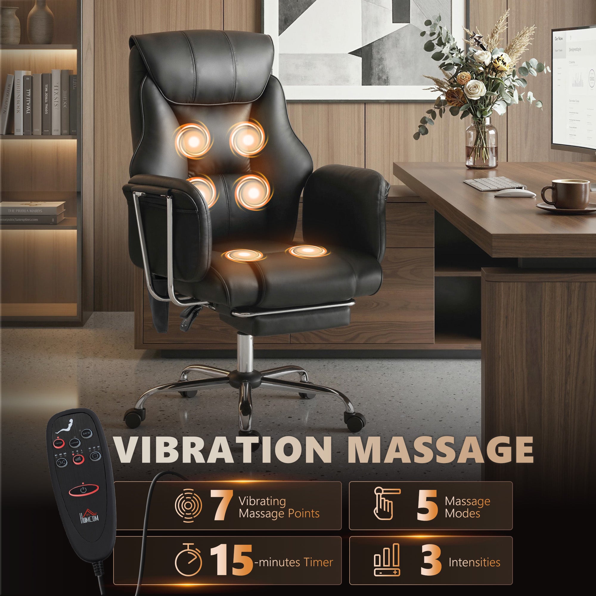 Massage Office Chair with 6-Point Vibration, Overstuffed Reclining Desk Chair with High Back, PU Leather, Footrest, Thick Spring Cushion, Lumbar Support, Adjustable Height, Swivel Wheels, Black
