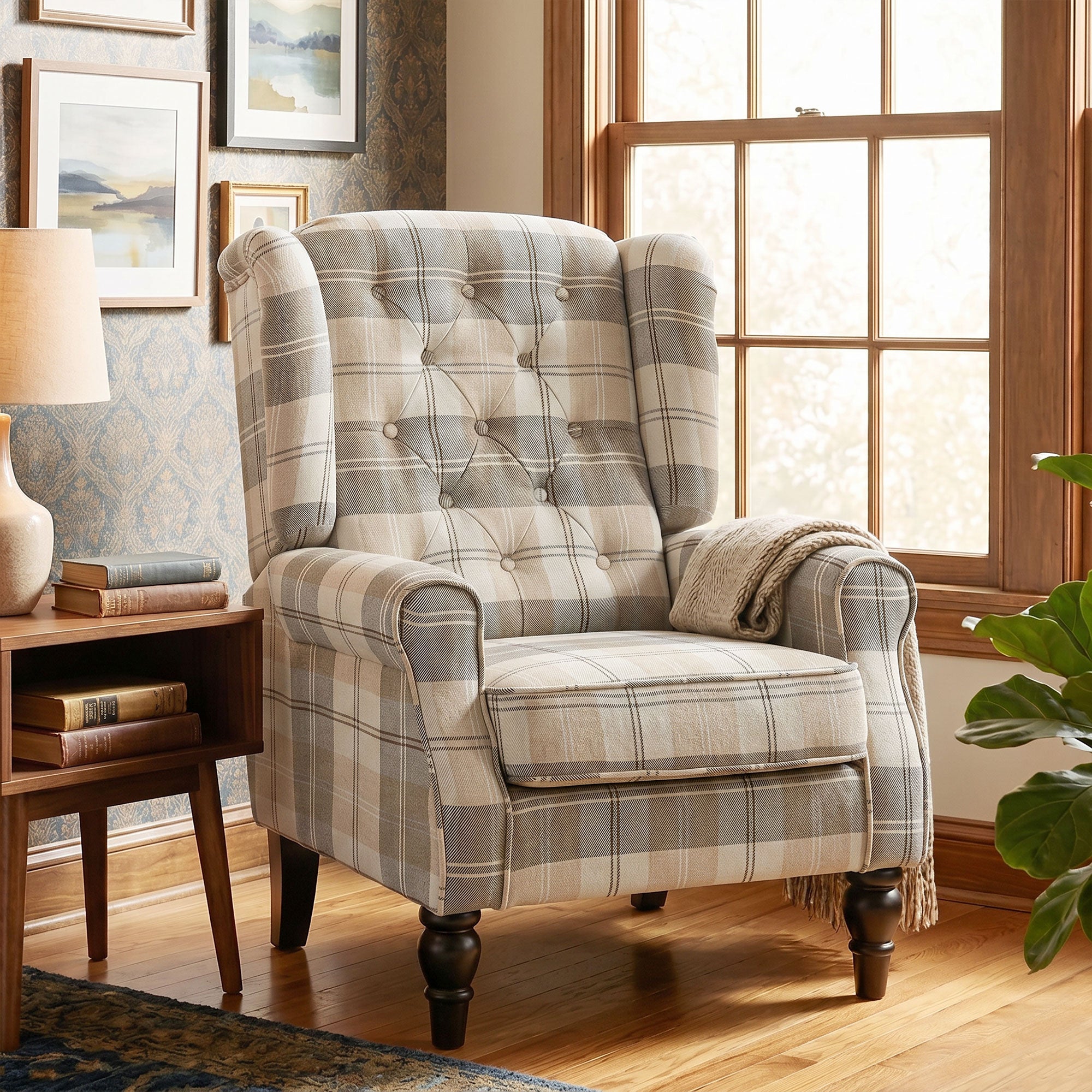 Wingback Accent Chair, Linen-Look Fabric Armchair with Thick Spring Cushion, High Back, Solid Wood Legs, Retro Button Tufted Reading Chair for Living Room, Bedroom, Khaki Plaid