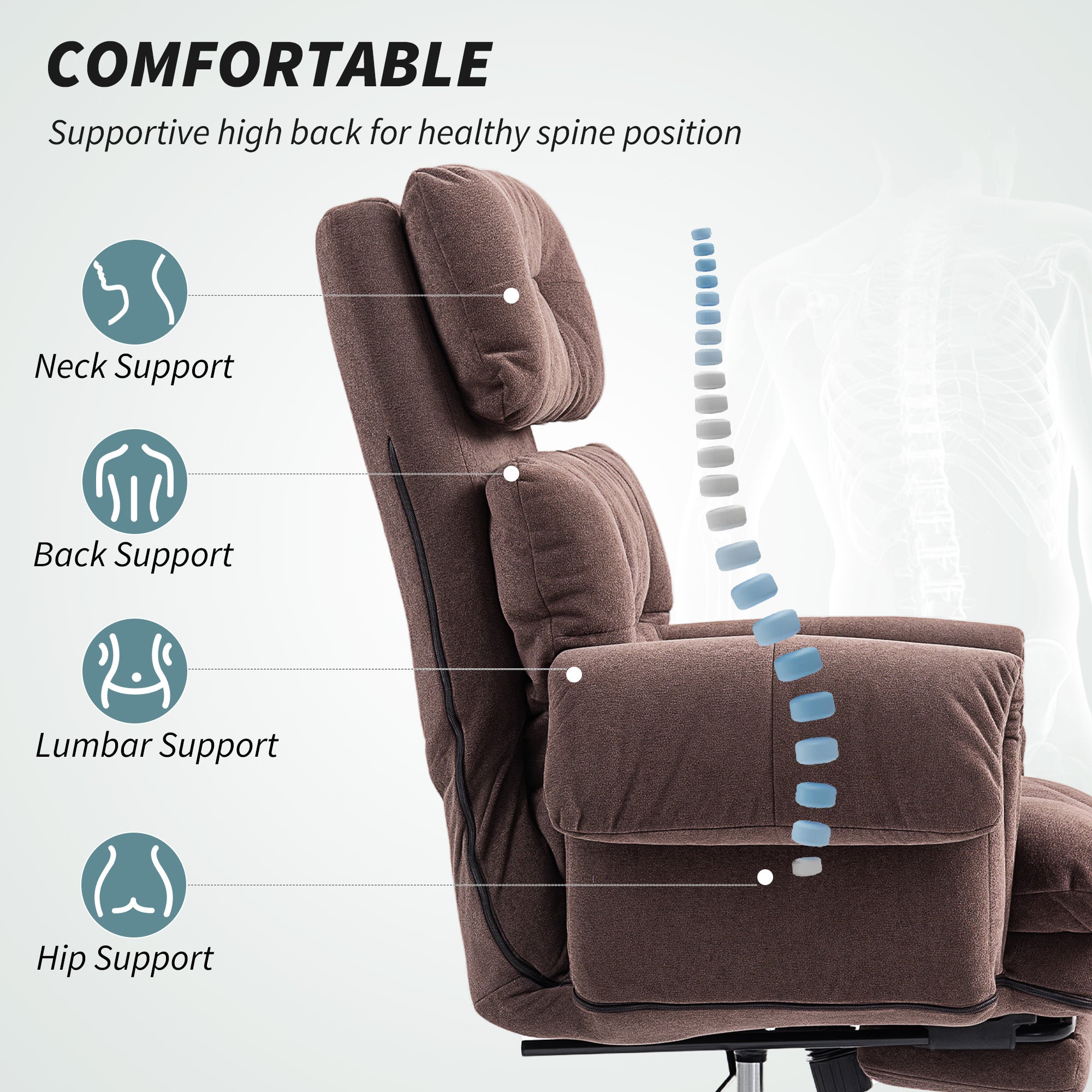 Ergonomic Office Chair with Footrest, Thickly Padded, Reclining Executive Computer Desk Chair with Adjustable Backrest, Lumbar Support and Headrest, Coffee
