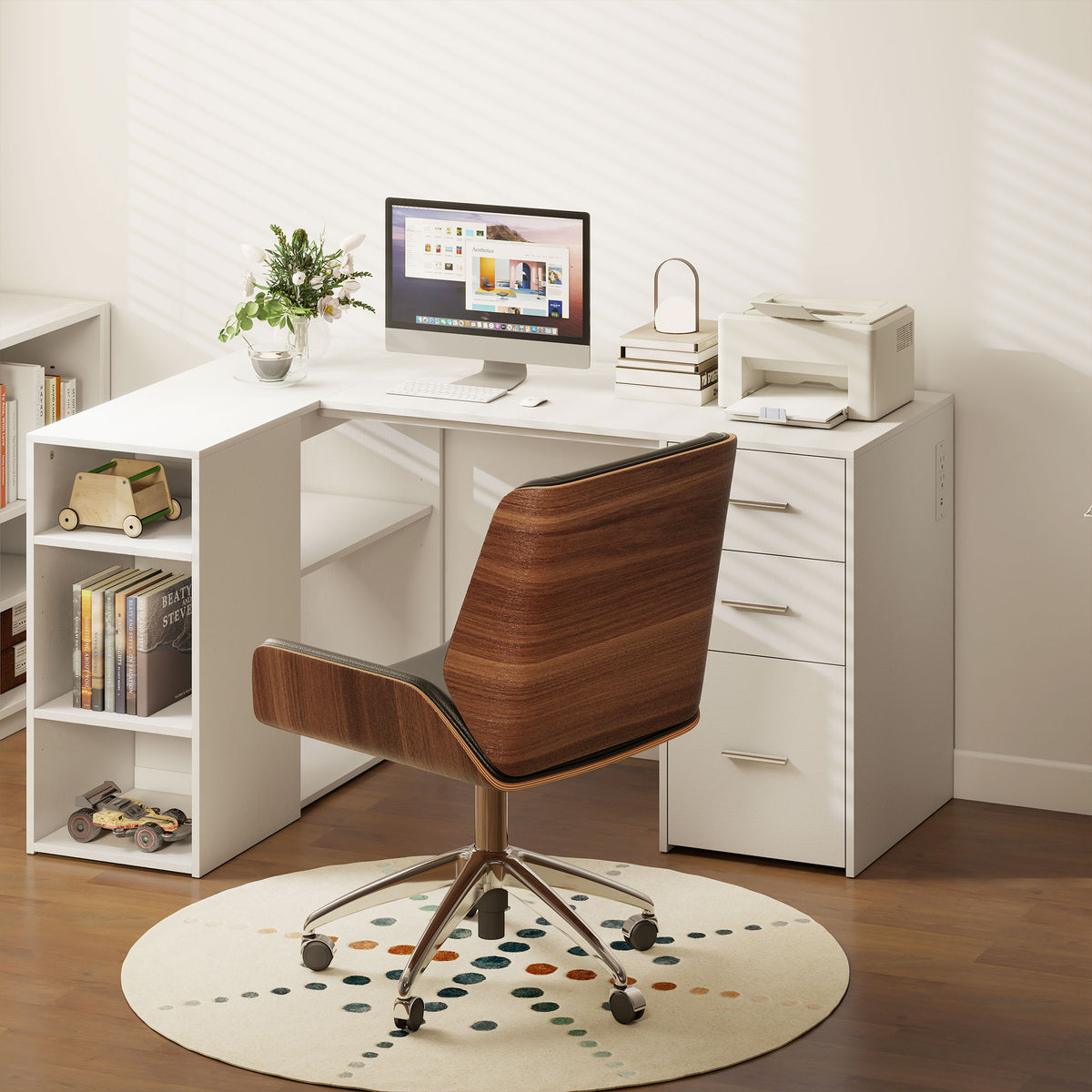 L Shaped Desk, 55" Corner Computer Desk with Power Outlets, File Drawer, 2 Drawers, Home Office Writing Table Workstation with Adjustable Storage Shelves for Study, White
