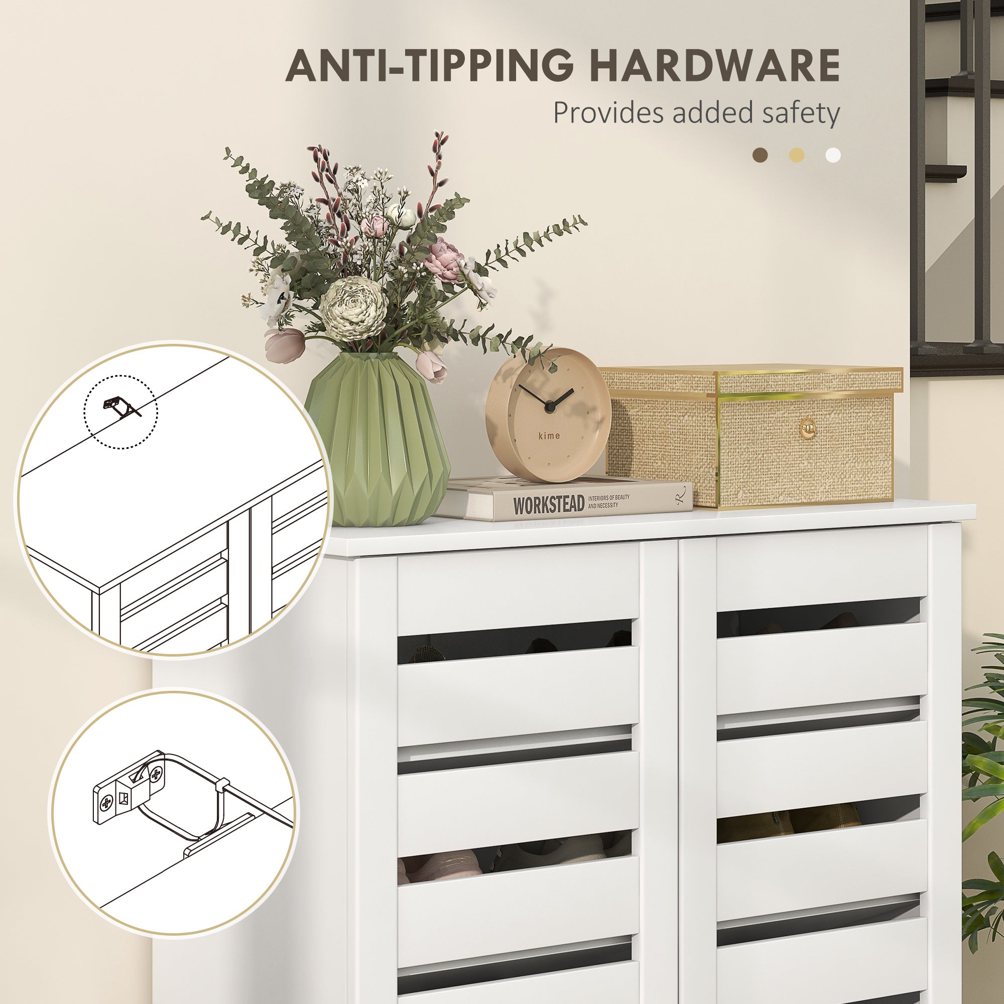 Narrow Shoe Cabinet for Entryway, 5-Tier Slim Shoe Storage Cabinet with 2 Slatted Doors and Adjustable Shelves for 15 Pairs, White