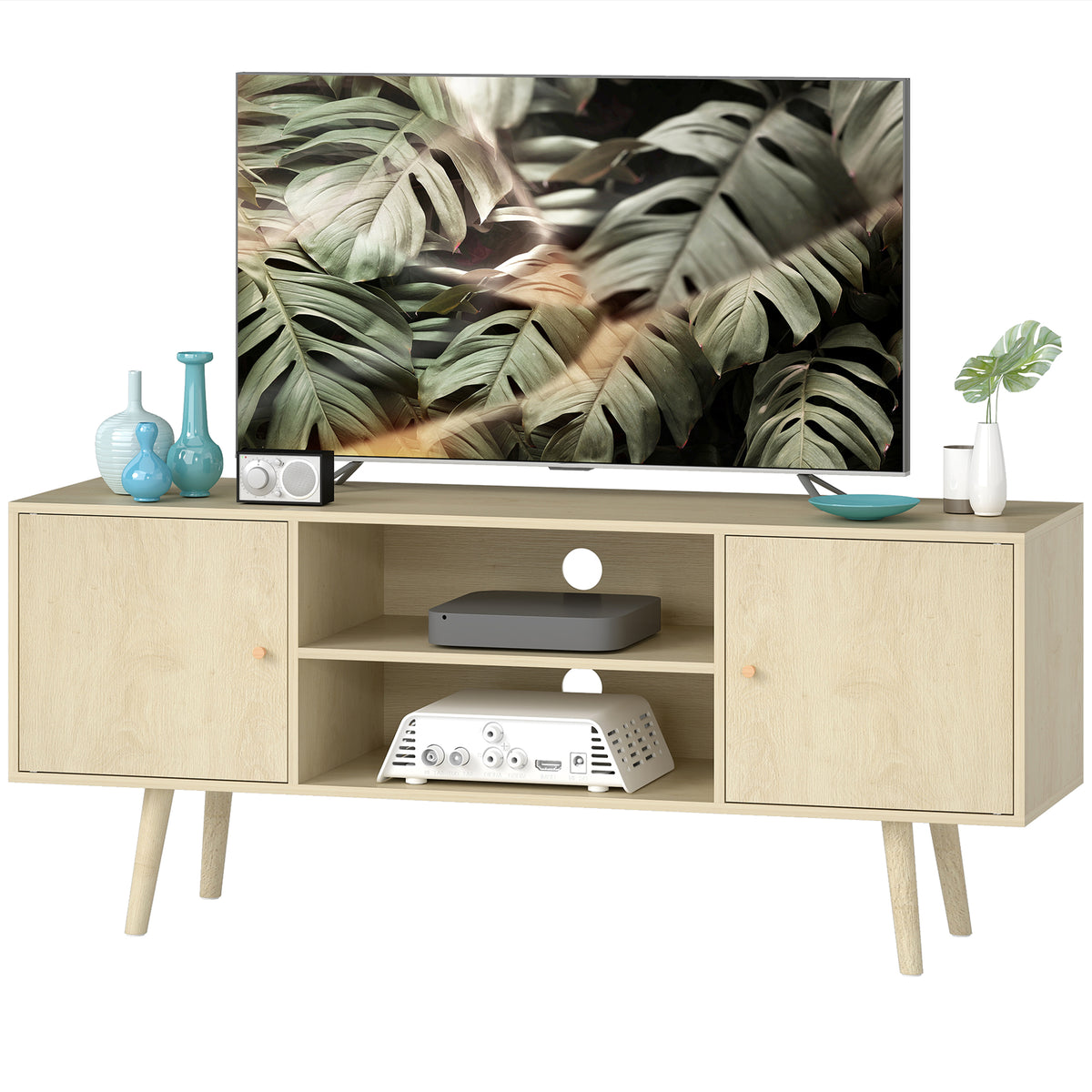 TV Stand Cabinet for TVs up to 55 Inches, Entertainment Unit with Storage Shelves and Wood Legs for Living Room, Natural Wood