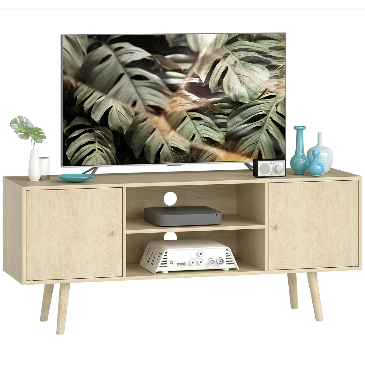 TV Stand Cabinet for TVs up to 55 Inches, Entertainment Unit with Storage Shelves and Wood Legs for Living Room, Natural Wood