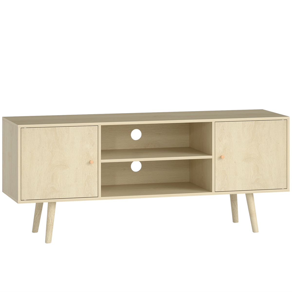 TV Stand Cabinet for TVs up to 55 Inches, Entertainment Unit with Storage Shelves and Wood Legs for Living Room, Natural Wood