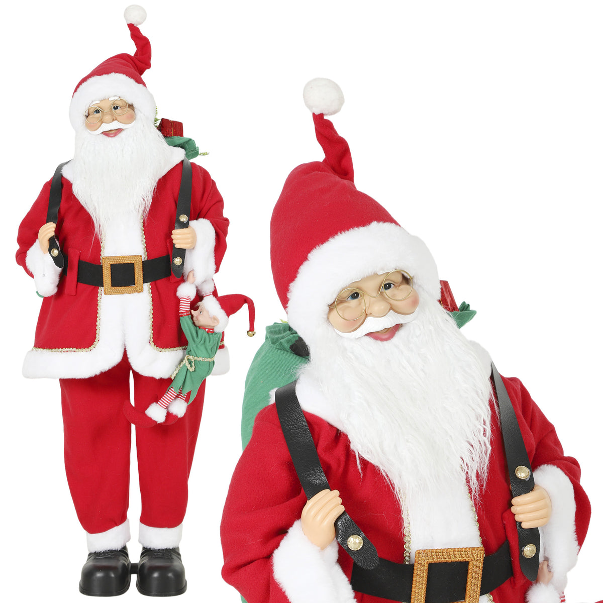 4ft Life Size Singing Dancing Santa Claus, 120 cm Standing Musical Animated Santa with Sack, Hanging Elf, Posable Arms, Handcrafted, Sound Touch Activated, Moving Christmas Figure Decoration