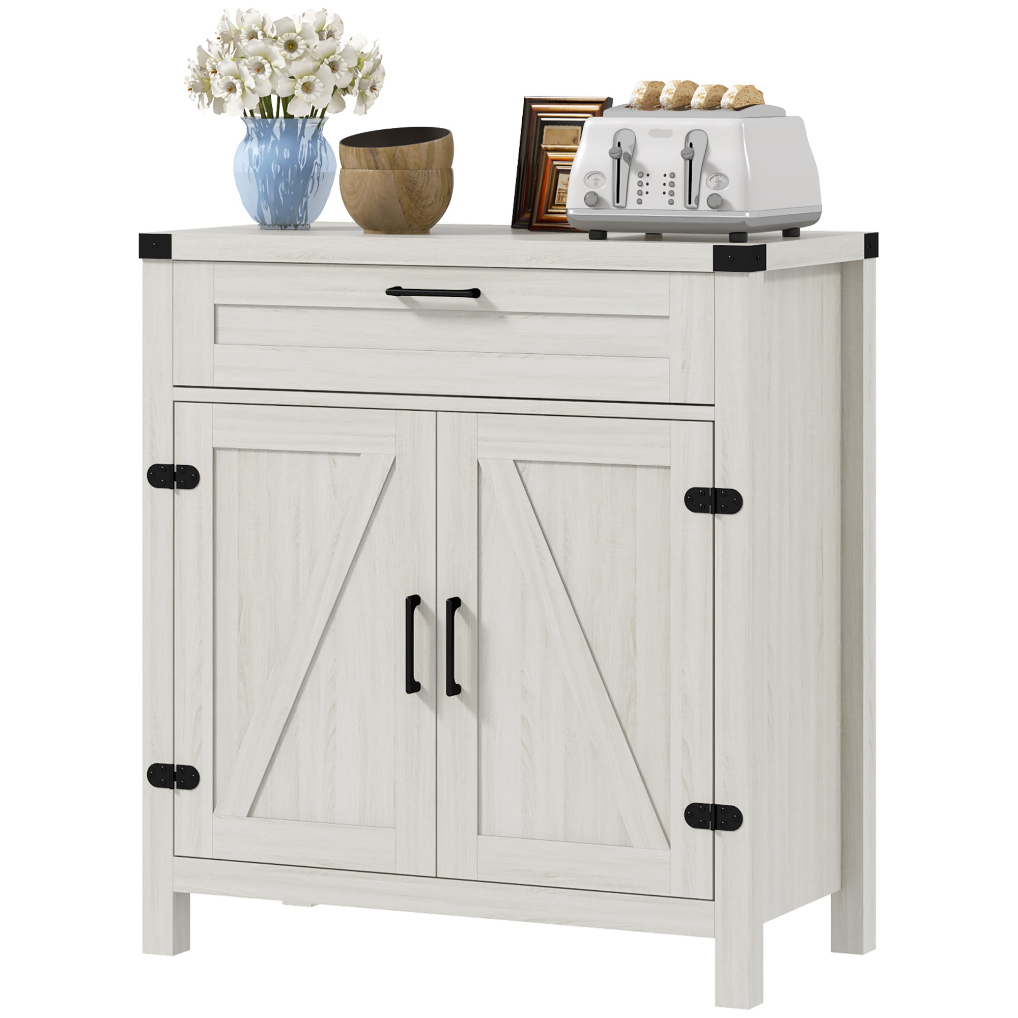 Modern Farmhouse Sideboard with Storage Buffet Cabinet with 2 Barn Doors and Drawer White Oak