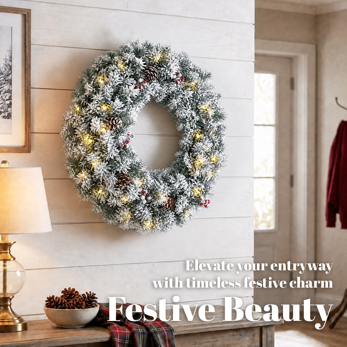 24 Inch Pre-Lit Christmas Wreath for Front Door with LED Lights, Pine Cones and Berries, Flocked Winter Wreath for Windows, Wall Decoration, Green