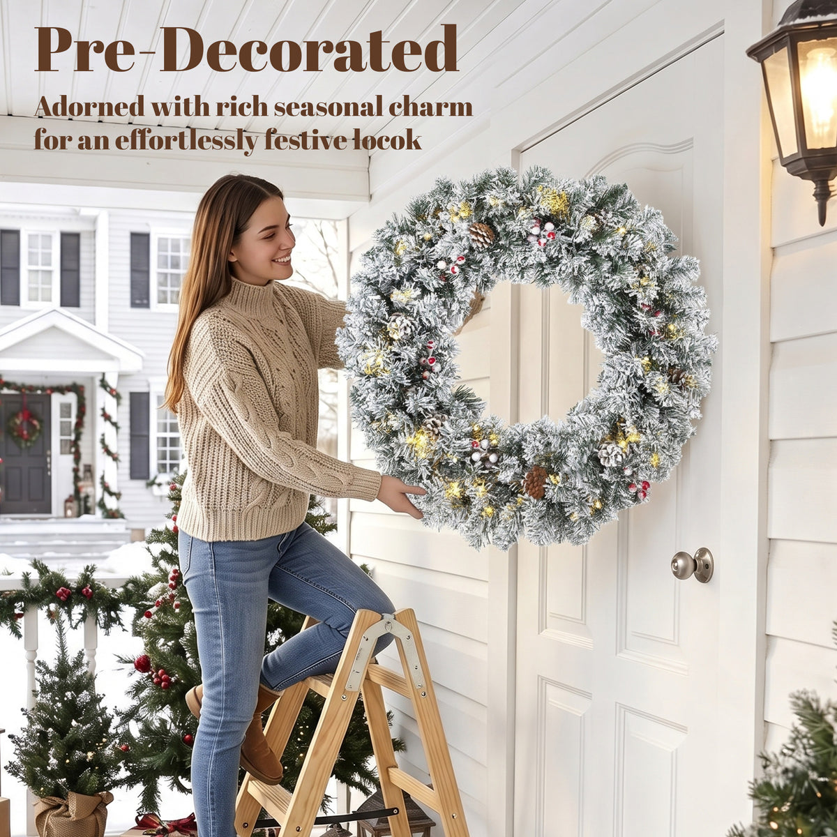 24 Inch Pre-Lit Christmas Wreath for Front Door with LED Lights, Pine Cones and Berries, Flocked Winter Wreath for Windows, Wall Decoration, Green