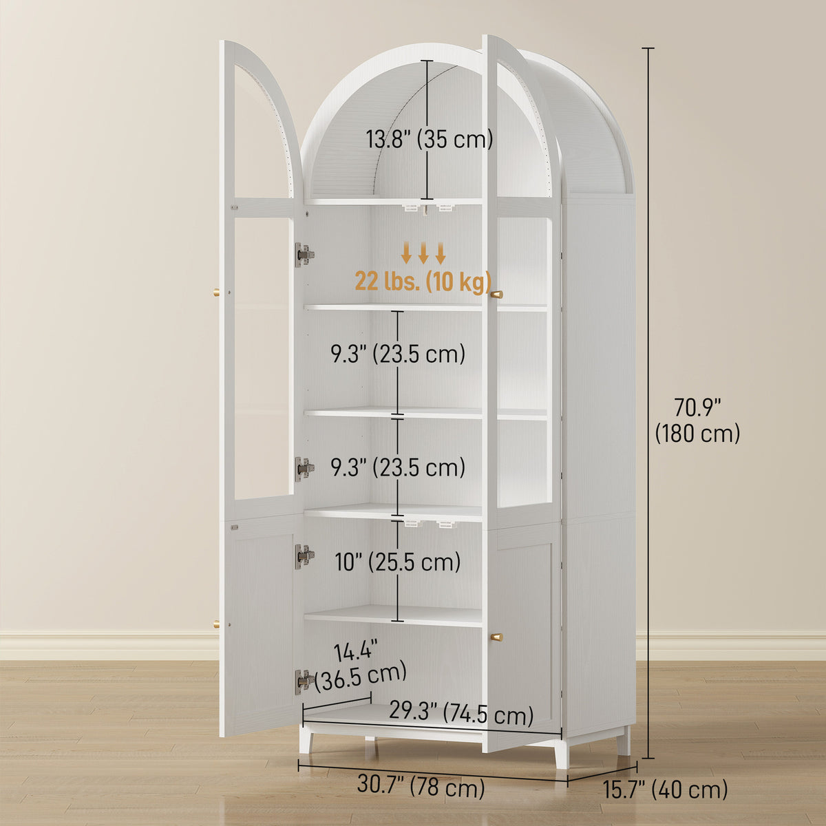 71" Tall Arched Kitchen Pantry Cabinet, Farmhouse Freestanding Kitchen Storage Cabinet with Adjustable Shelves, Acrylic Glass Doors for Living Room, Dining Room, White