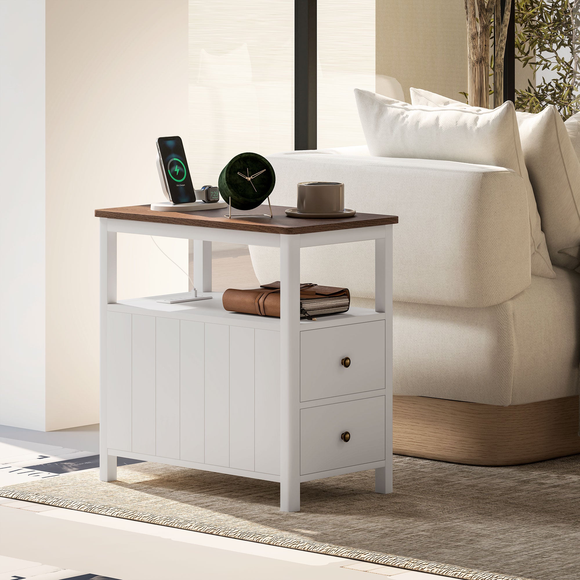 Side Table with Charging Station and USB Ports Narrow End Table with Drawers Shelf for Living Room White