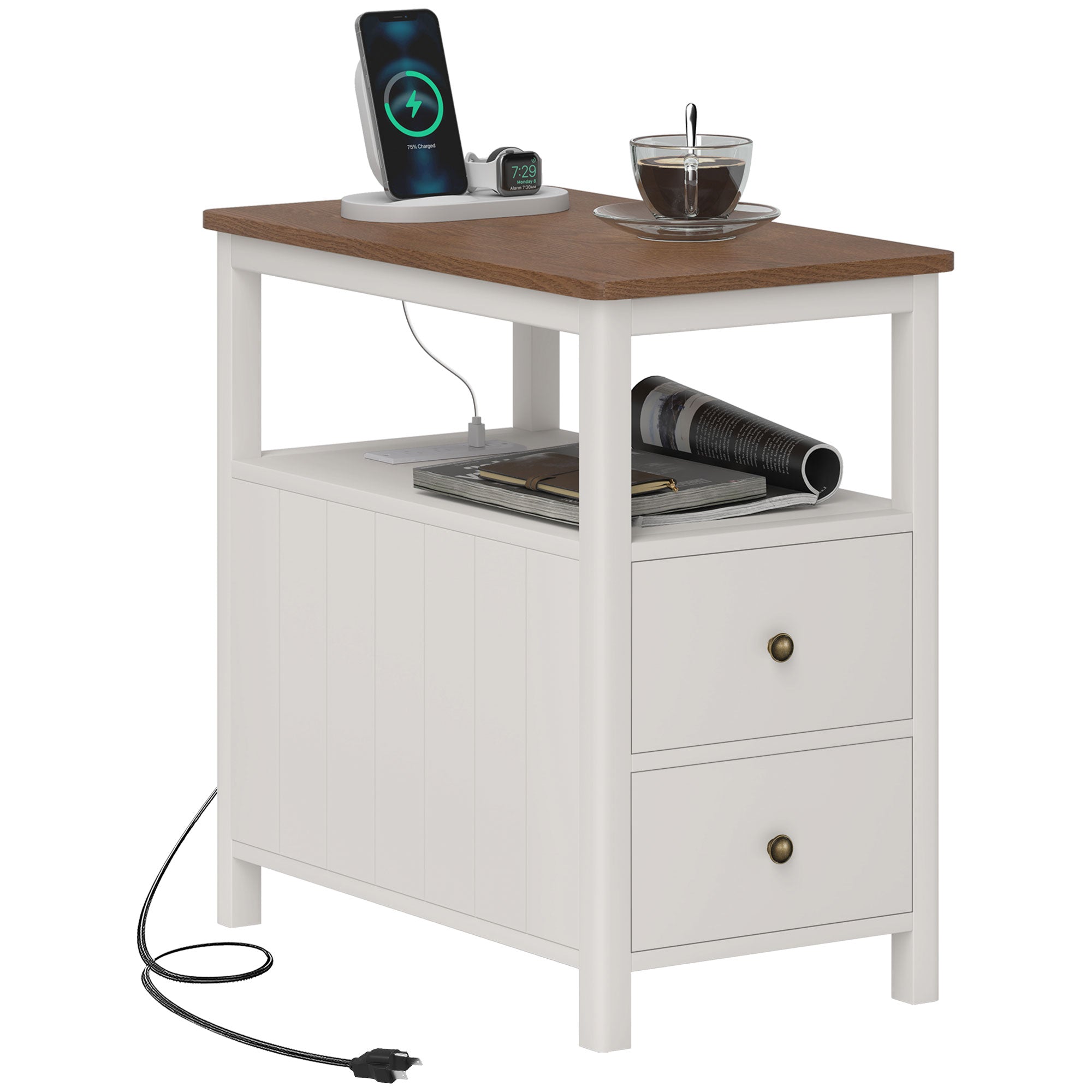 Side Table with Charging Station and USB Ports Narrow End Table with Drawers Shelf for Living Room White