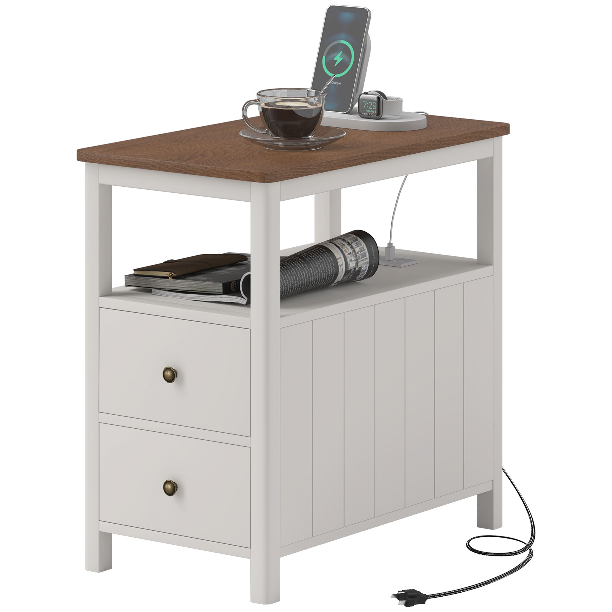 Side Table with Charging Station and USB Ports Narrow End Table with Drawers Shelf for Living Room White