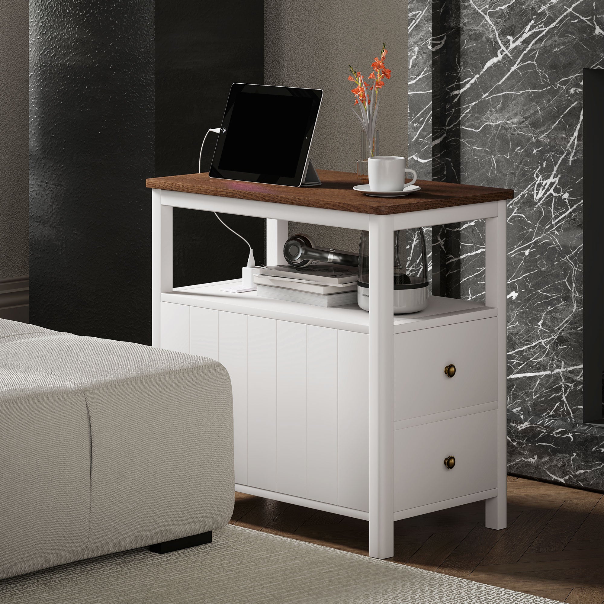 Side Table with Charging Station and USB Ports Narrow End Table with Drawers Shelf for Living Room White