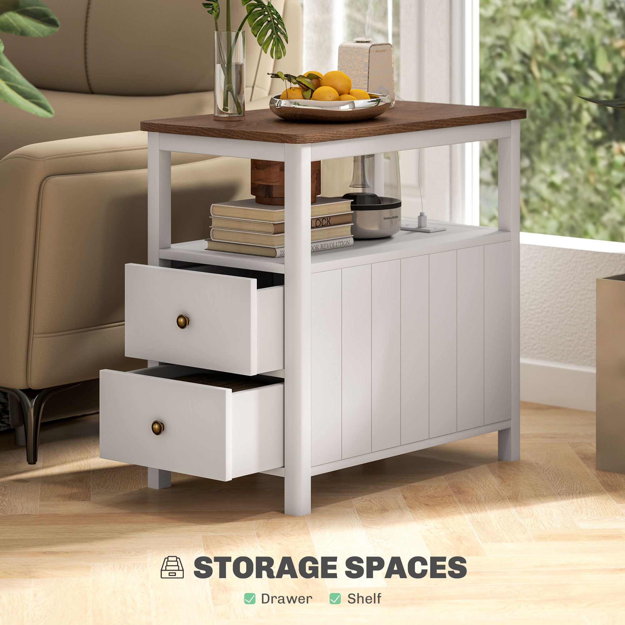 Side Table with Charging Station and USB Ports Narrow End Table with Drawers Shelf for Living Room White