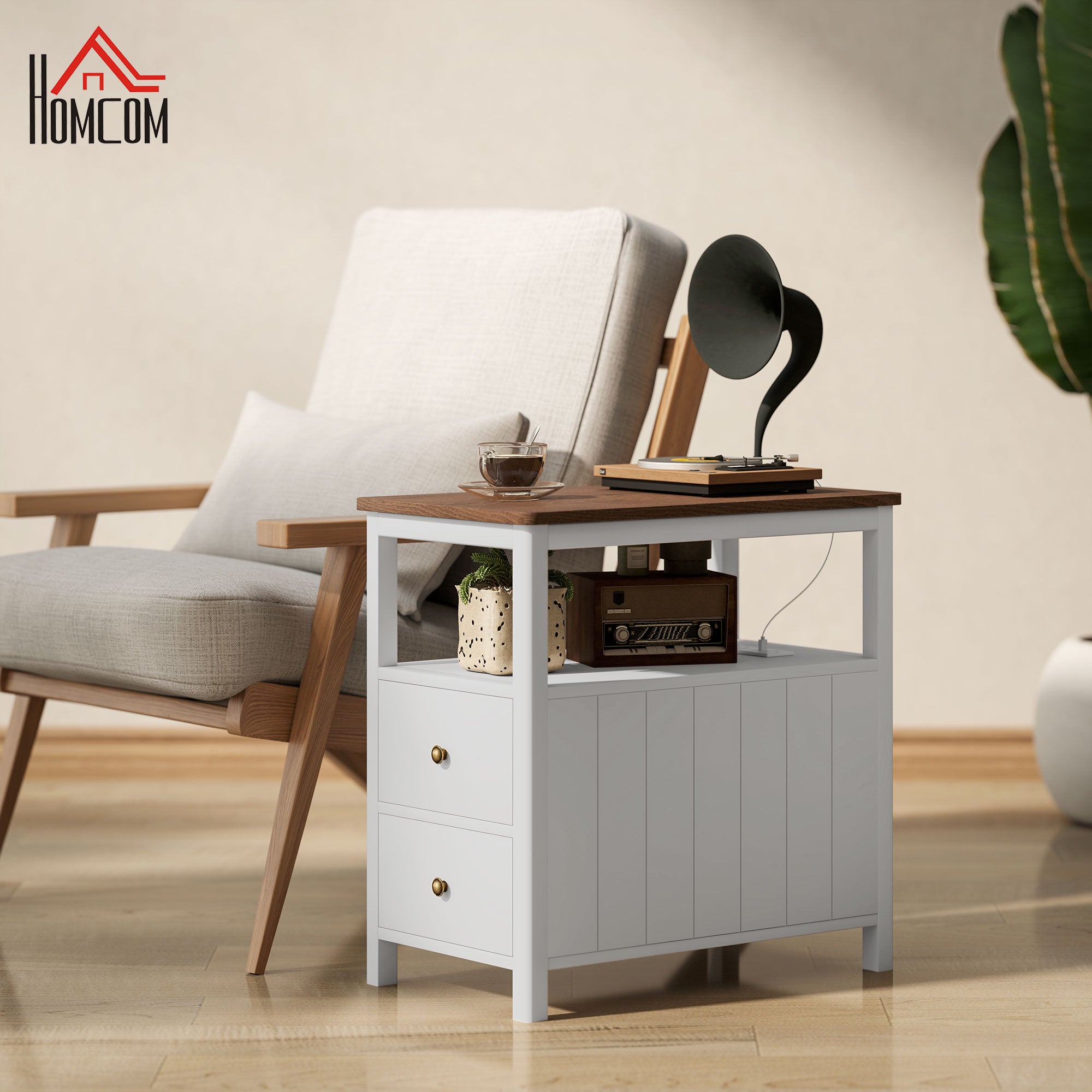 Side Table with Charging Station and USB Ports Narrow End Table with Drawers Shelf for Living Room White