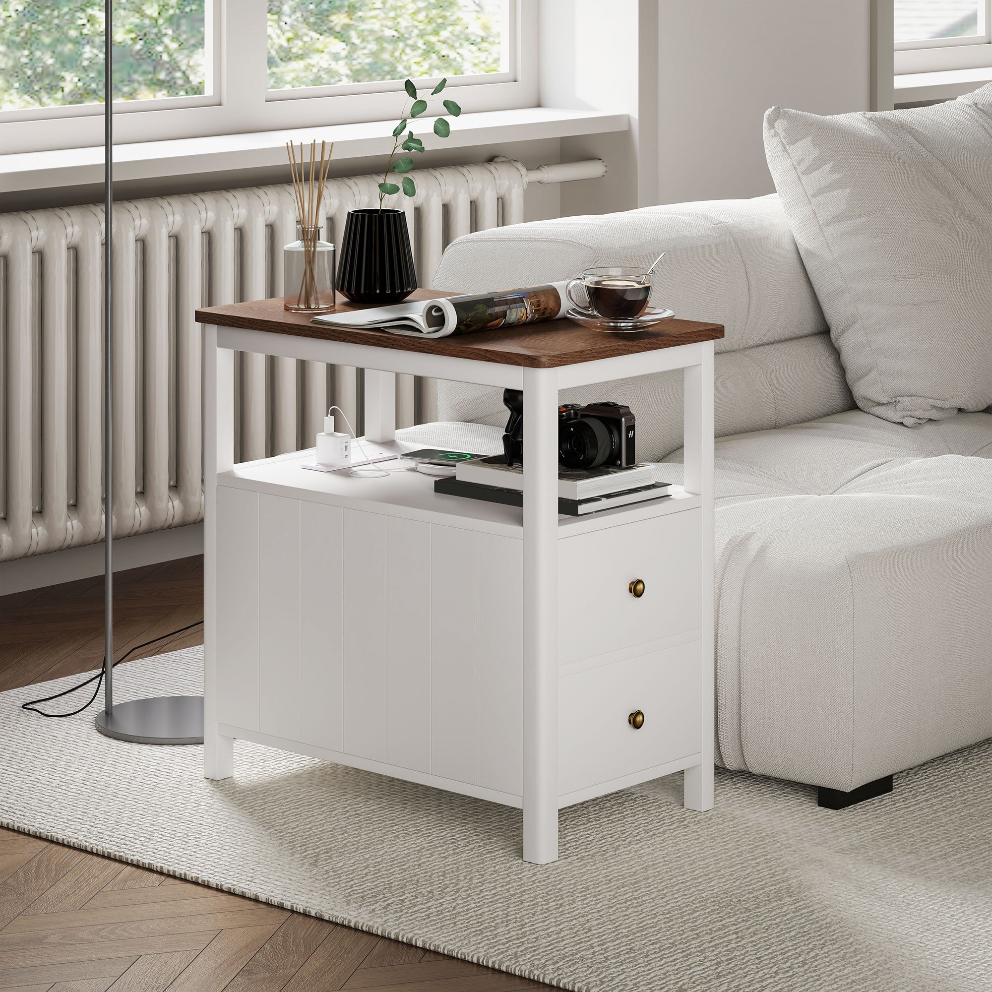 Side Table with Charging Station and USB Ports Narrow End Table with Drawers Shelf for Living Room White