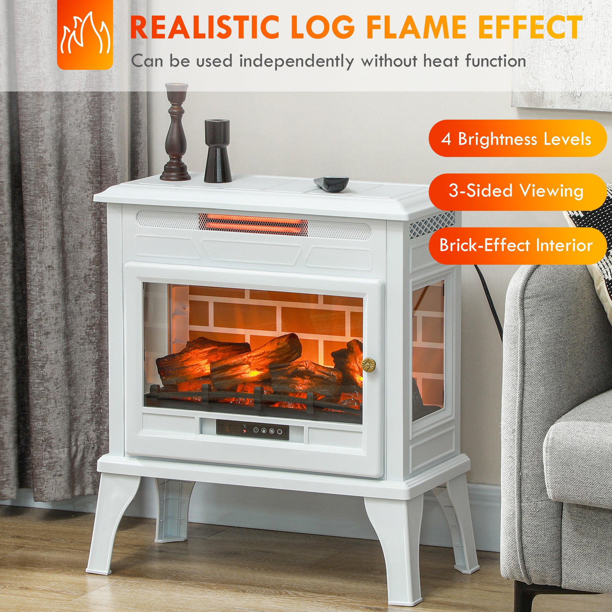 24" Electric Fireplace Stove 1000W/1500W Freestanding Heater with Remote Control White