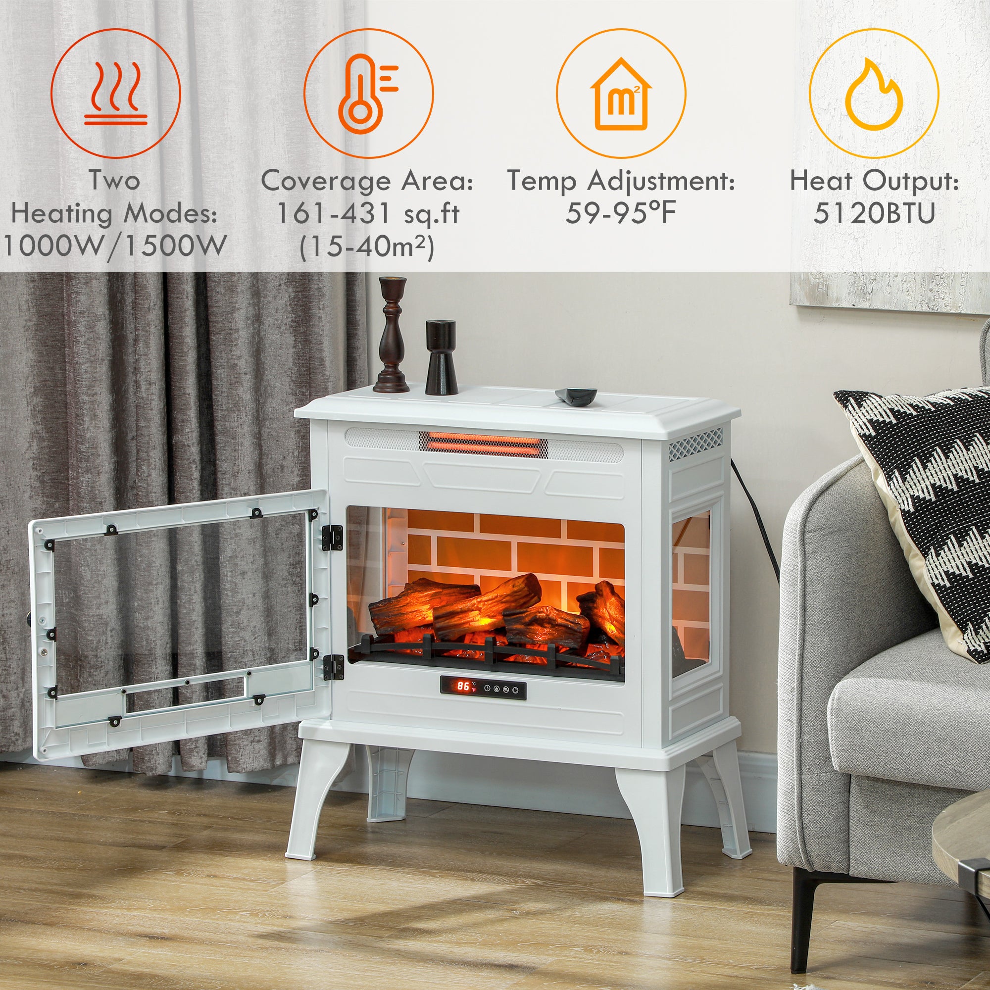 24" Electric Fireplace Stove 1000W/1500W Freestanding Heater with Remote Control White