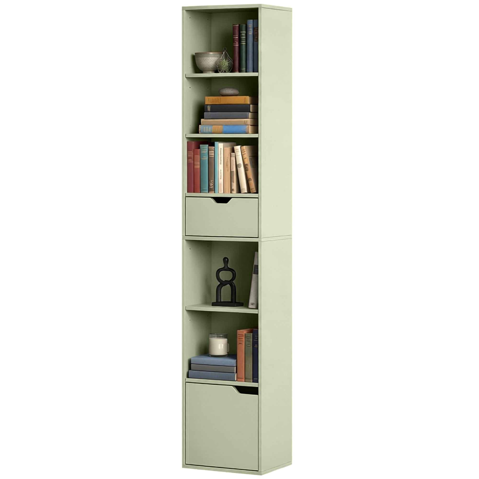 6-Tier Bookcase, Tall Narrow Bookshelf with Drawer, Door, Adjustable Shelf, Modern Display Standing Shelving Unit for Living Room, Home Office, Bedroom, 30 x 24 x 158 cm, Green