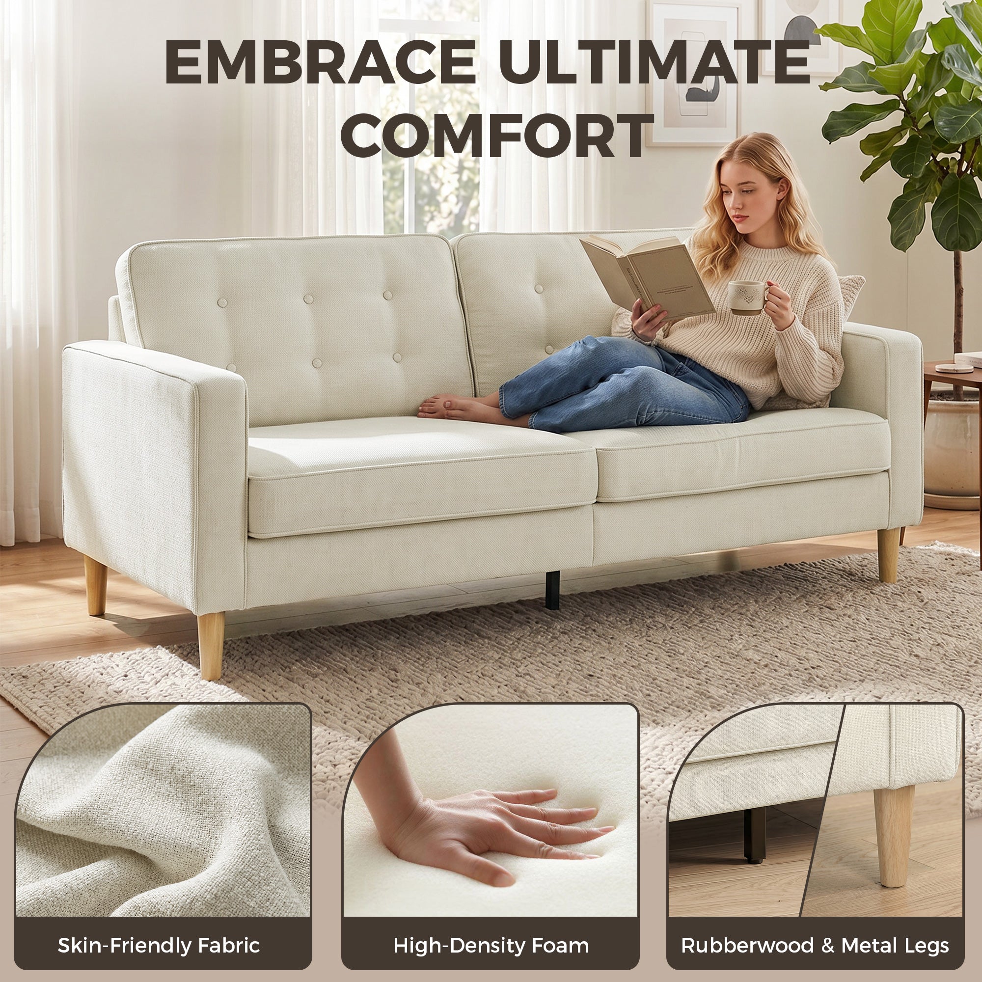 3 Seater Sofa, Upholstered Couch for Bedroom, Modern Sofa Settee with Padded Cushion, Button Tufting and Wood Legs for Living Room, Cream White